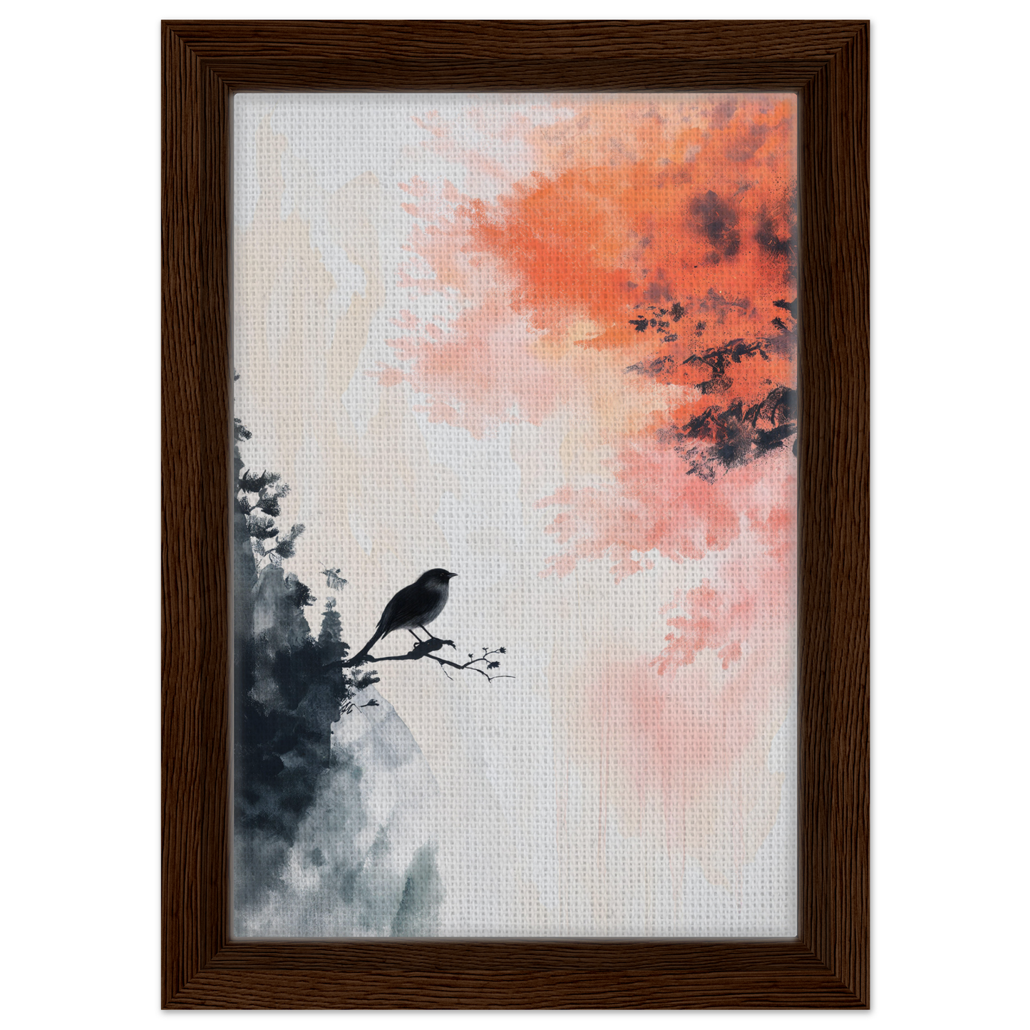 Framed canvas print of a bird’s fiery sojourn on a branch with an abstract background