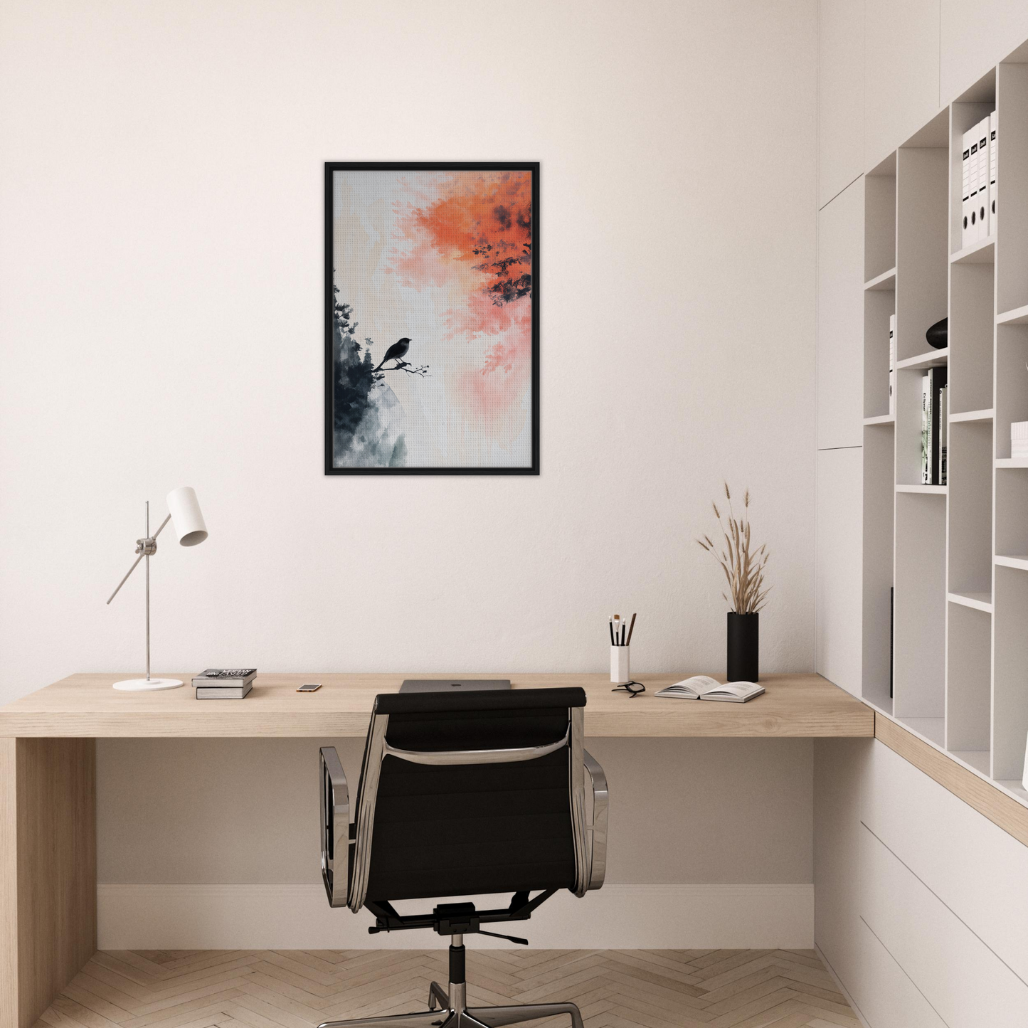 Minimalist home office featuring Bird’s Fiery Sojourn framed art and stylish decor