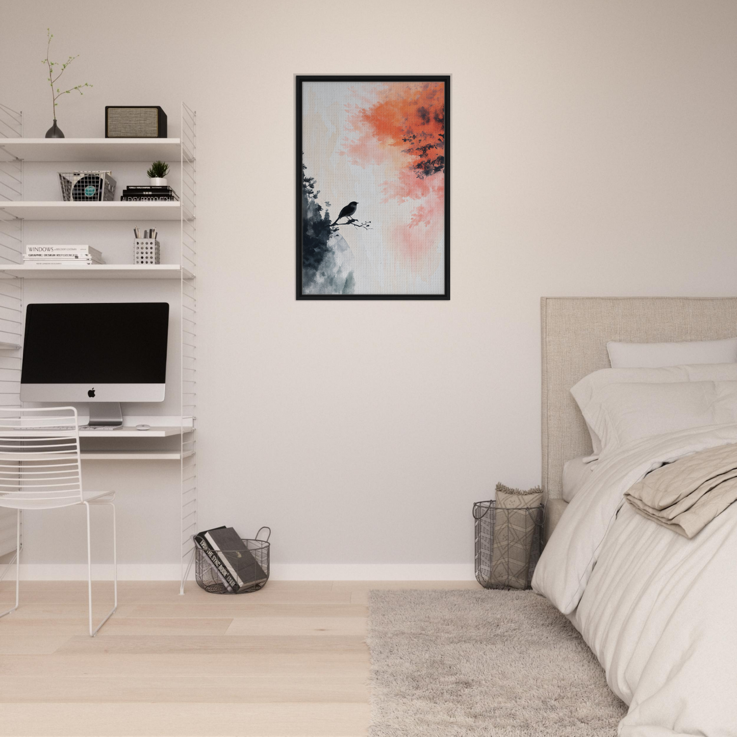 Minimalist bedroom featuring Bird’s Fiery Sojourn framed as the focal point in room decor