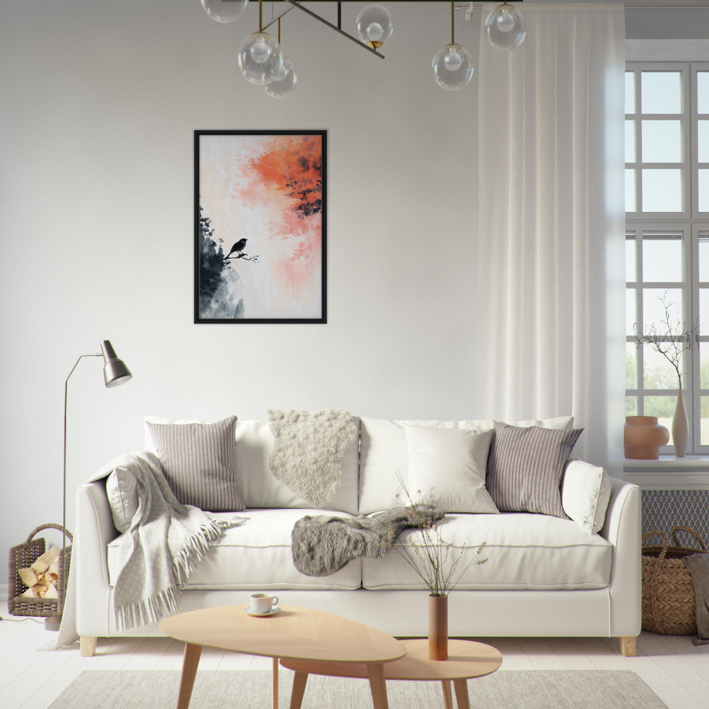 White sofa adorned with throw pillows and blankets for a stylish Bird’s Fiery Sojourn decor