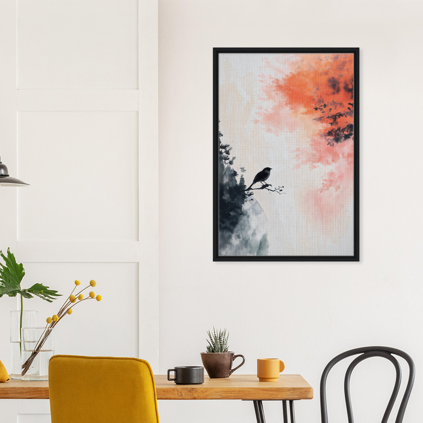 Framed canvas print of a bird silhouette on a branch in Bird’s Fiery Sojourn artwork