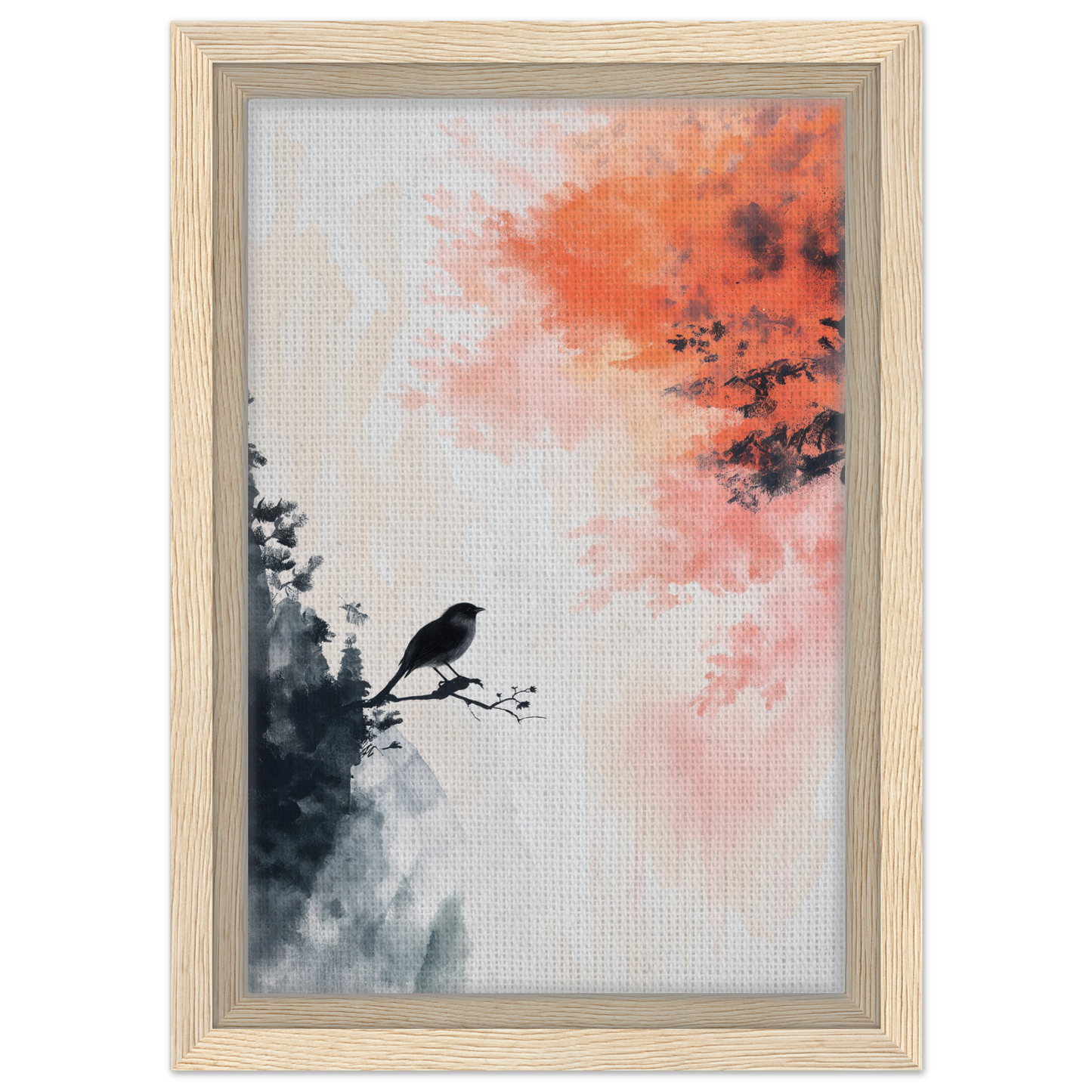 Framed watercolor painting of bird silhouette on branch in Bird’s Fiery Sojourn room decor