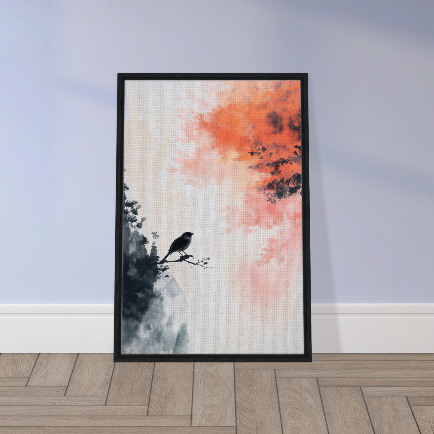 Framed artwork of bird silhouette on orange and gray background for Bird’s Fiery Sojourn room decor