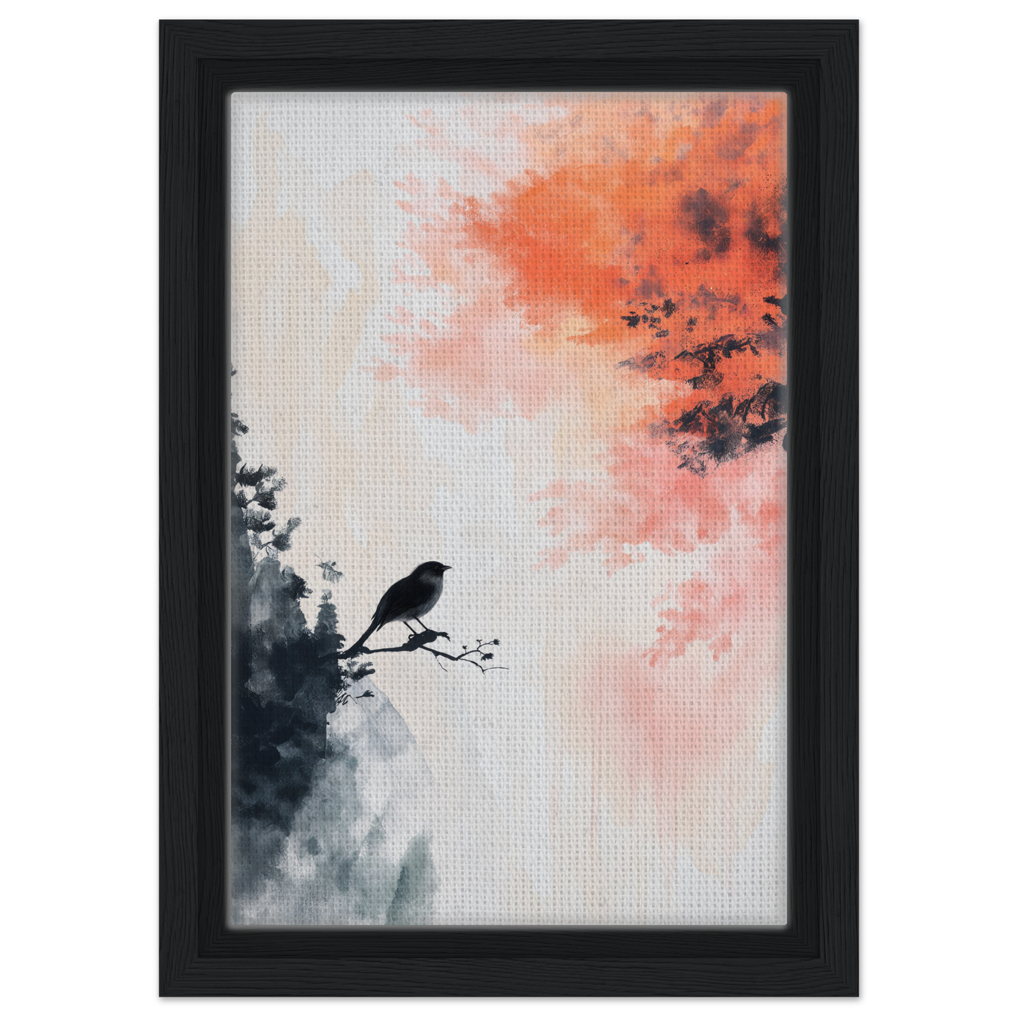 Framed canvas print of a silhouetted bird on a branch from Bird’s Fiery Sojourn artwork