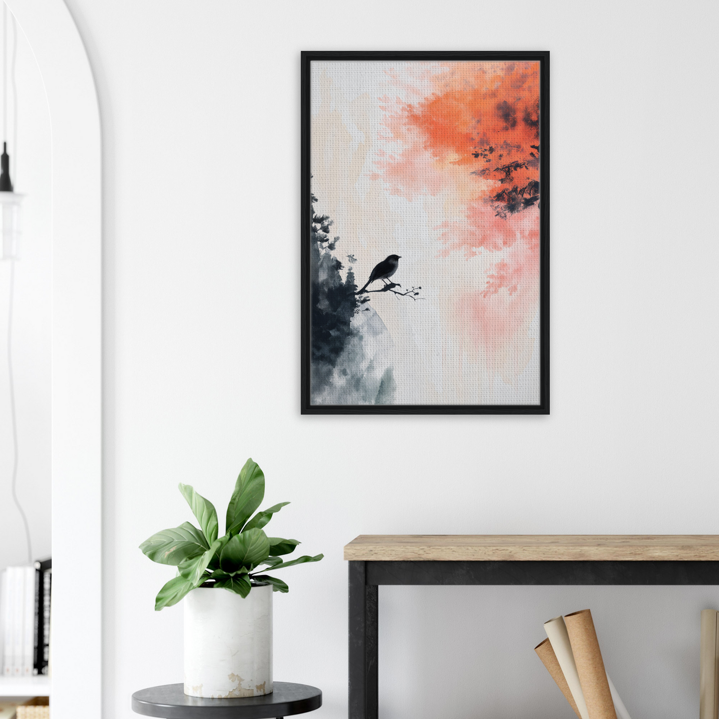 Framed watercolor painting of bird silhouette for Bird’s Fiery Sojourn room decor