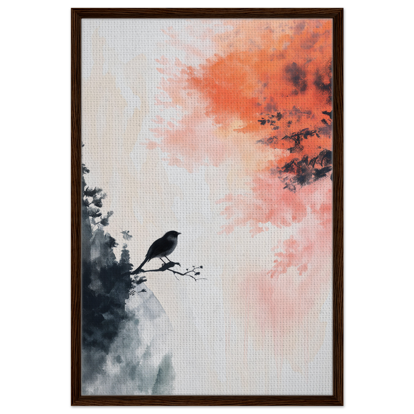 Framed canvas print of bird silhouette on branch in Bird’s Fiery Sojourn artwork