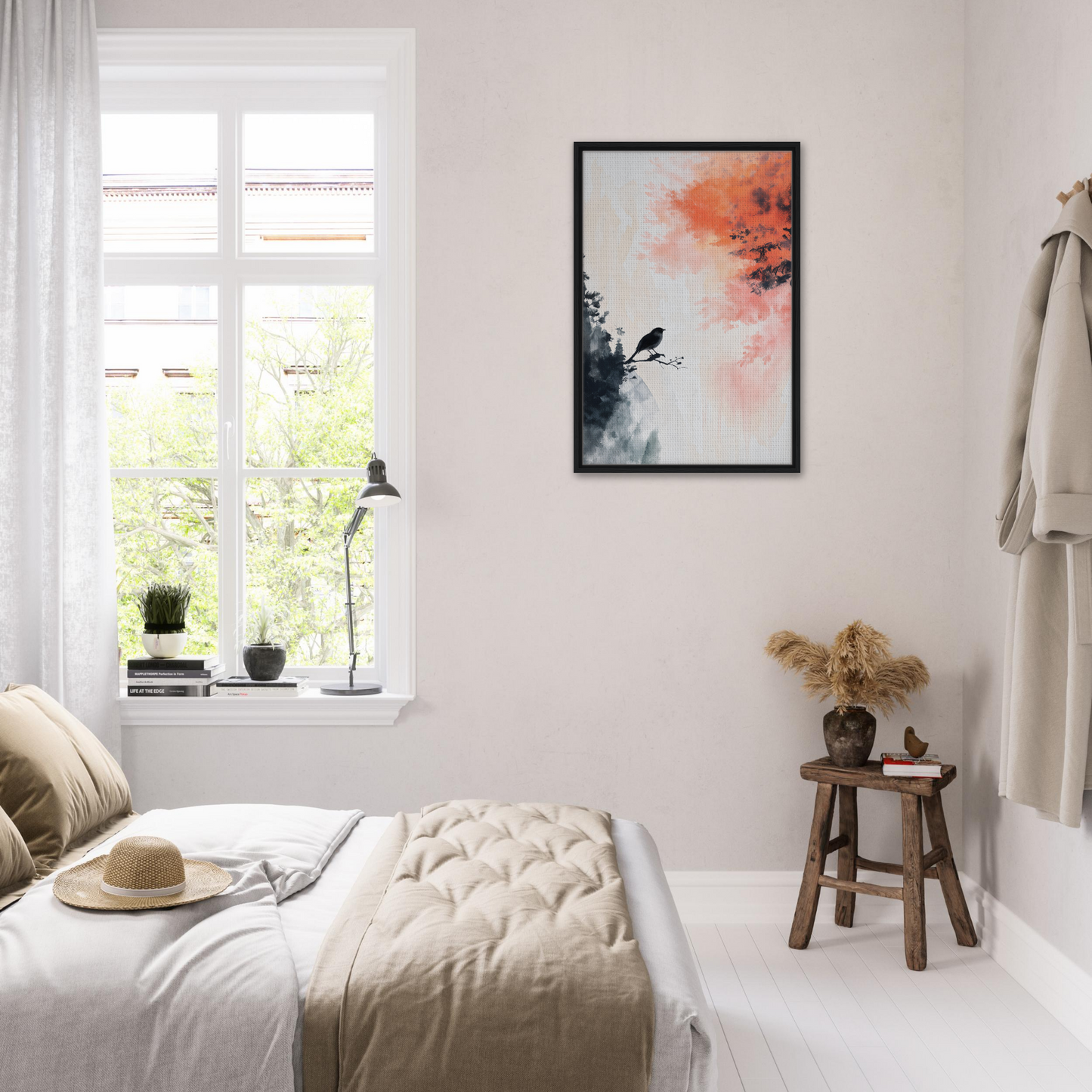 Bright airy bedroom featuring minimalist decor and Bird’s Fiery Sojourn framed artwork
