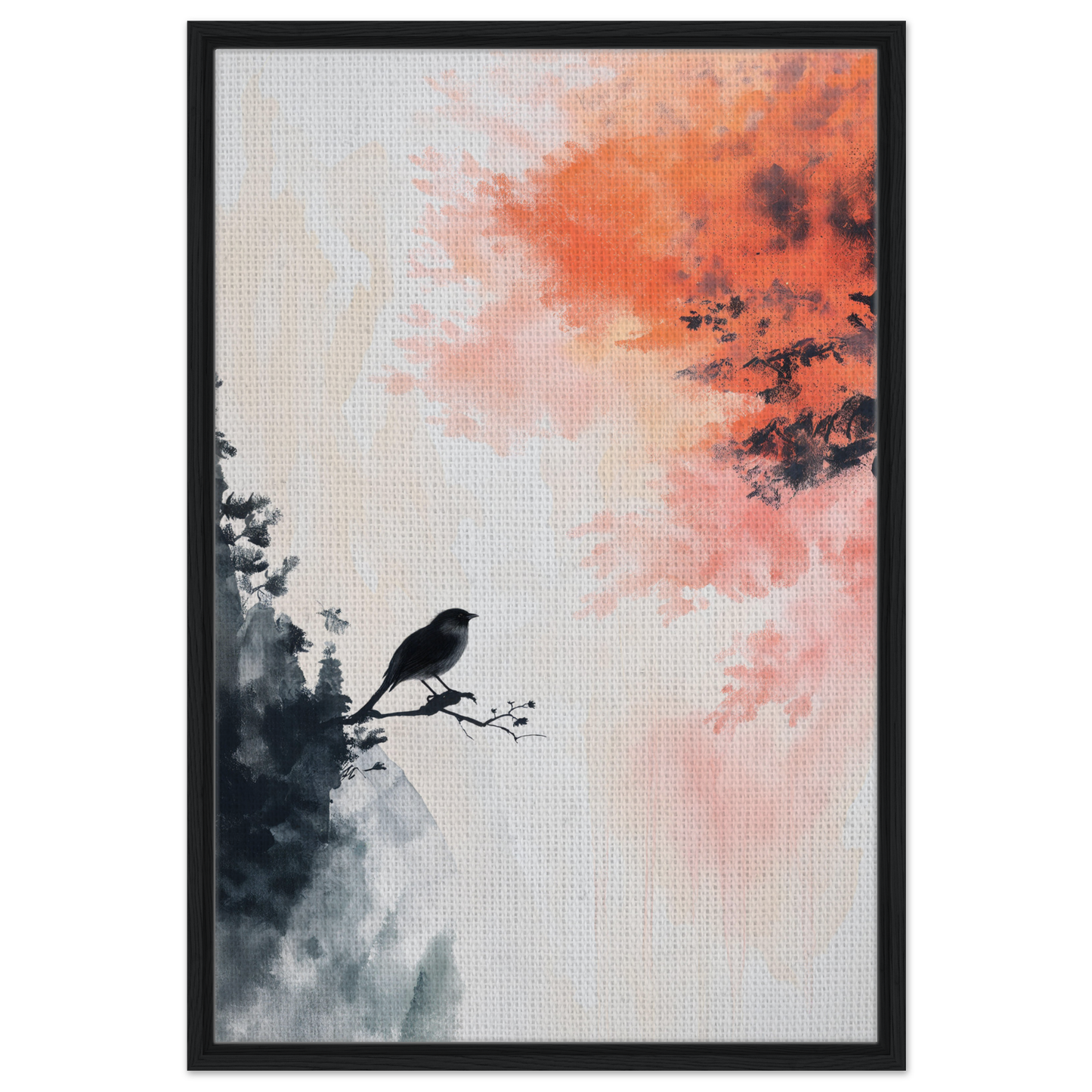 Silhouette of a bird on a branch for Bird’s Fiery Sojourn framed canvas print