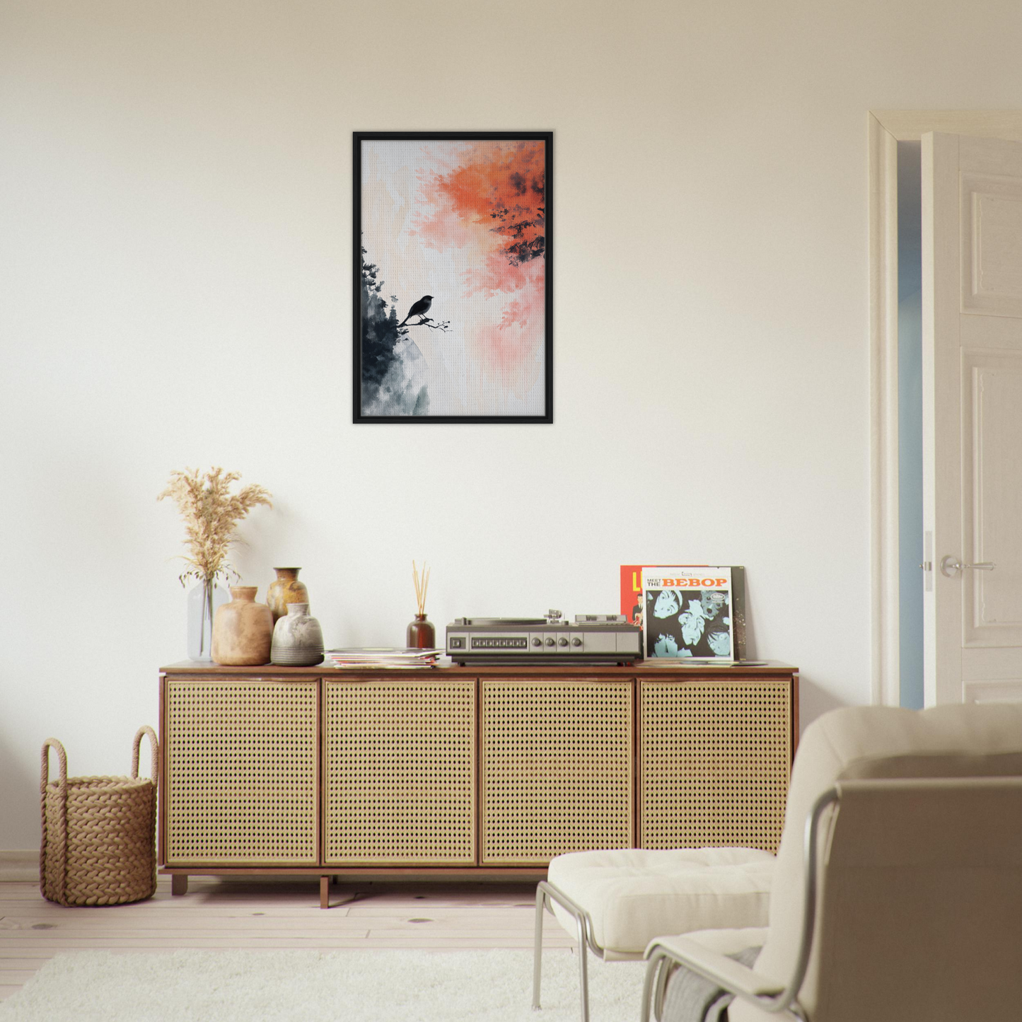 Wooden sideboard with cane-webbed doors for elegant room decor in Bird’s Fiery Sojourn