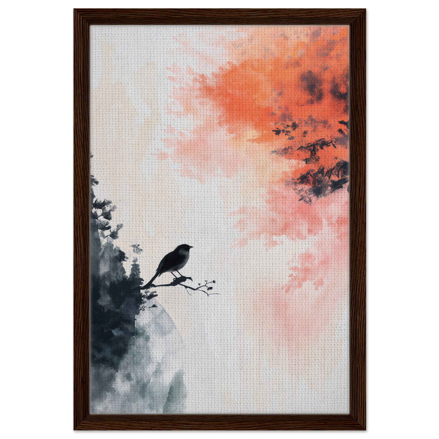 Framed canvas print of a bird’s fiery sojourn perched against a colorful sky
