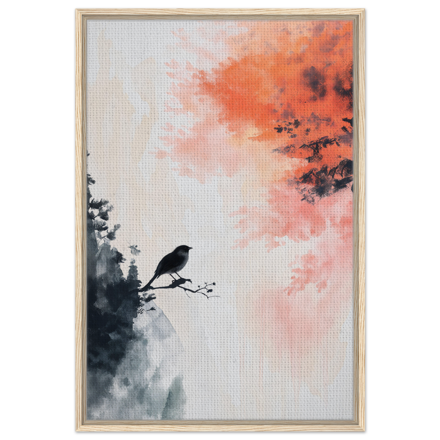 Framed painting of bird silhouette on branch in vibrant colors for room decor, Bird’s Fiery Sojourn