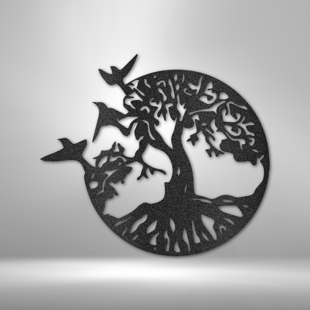 Circular tree of life design with birds and intricate branches in silhouette form.