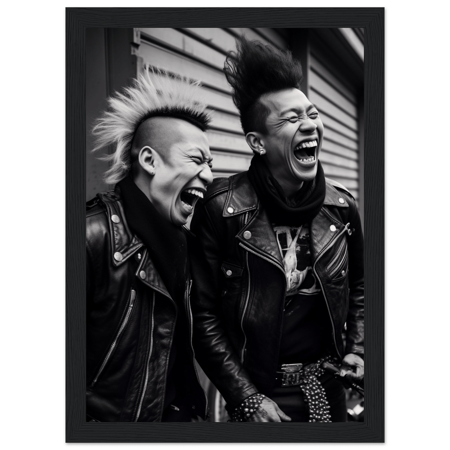 Two punk rockers with mohawks laughing exuberantly while wearing leather jackets.