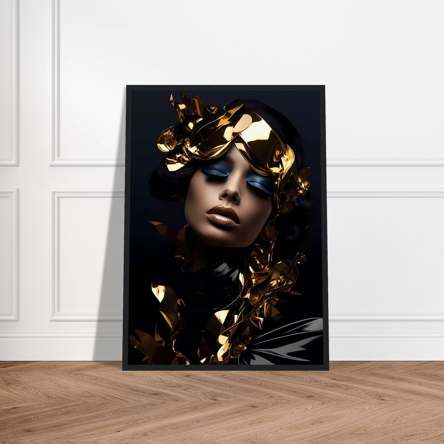 A black and gold framed art print on a wall