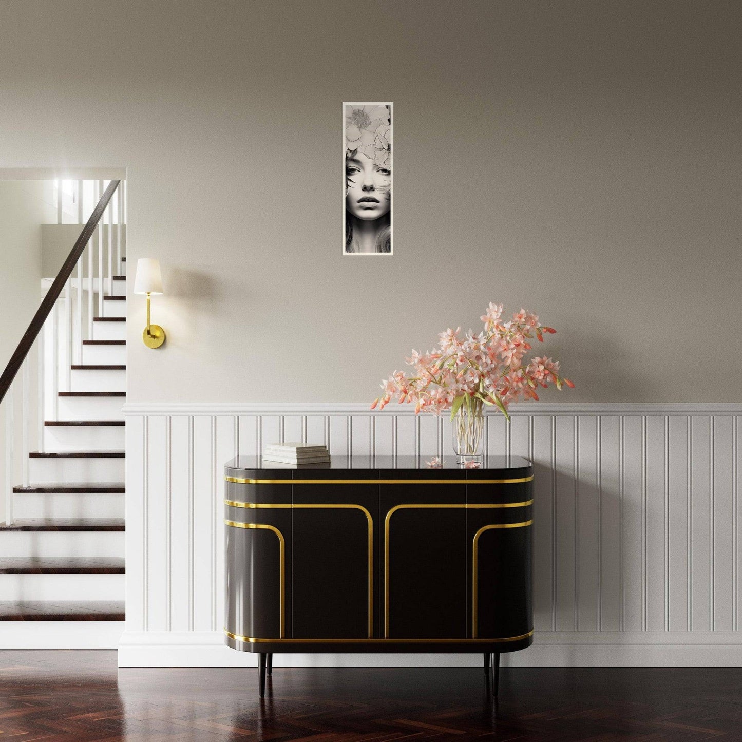 A black and gold sideboard with a vase of flowers on top