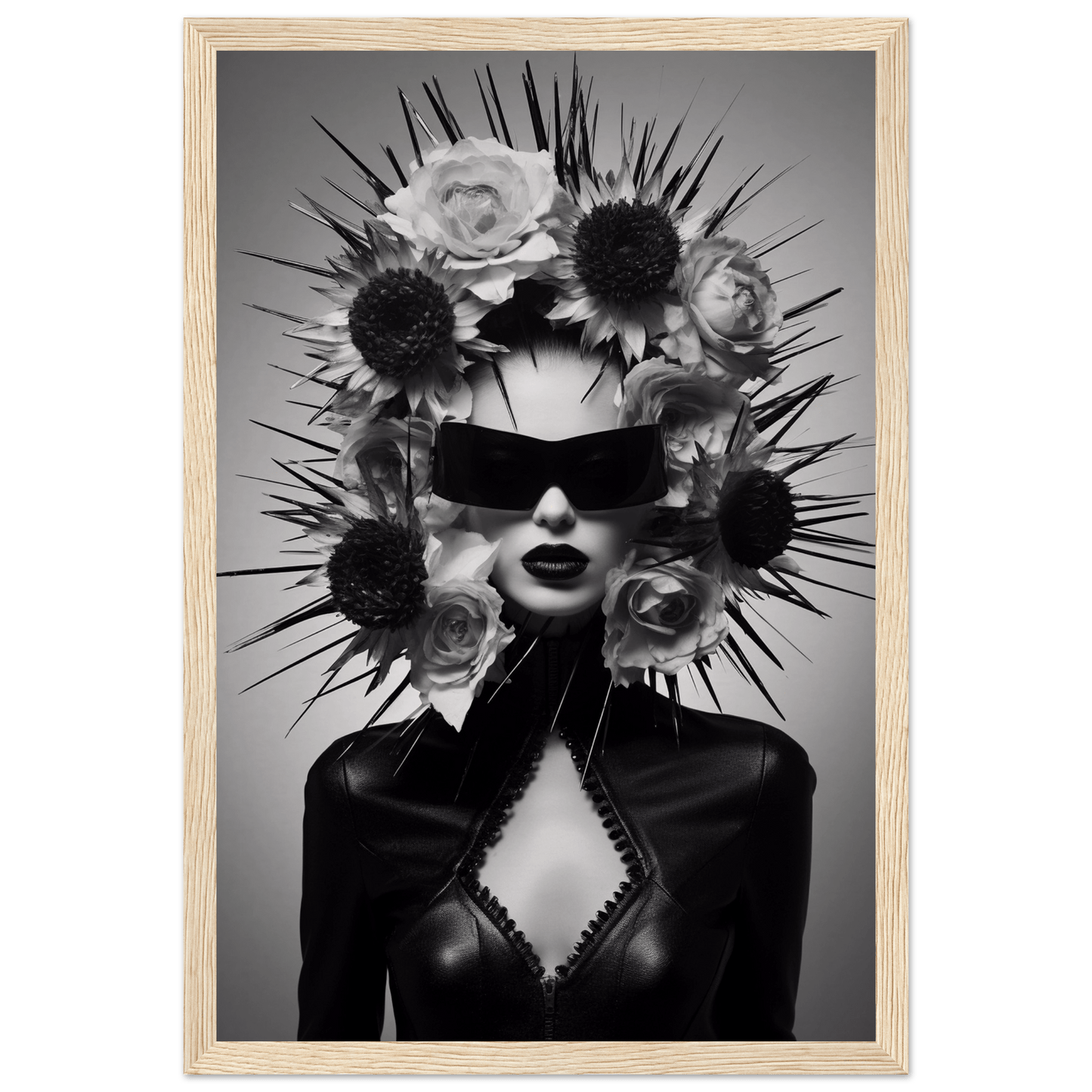 Surreal black-and-white portrait featuring a figure wearing sunglasses and an elaborate floral and spiked headdress.