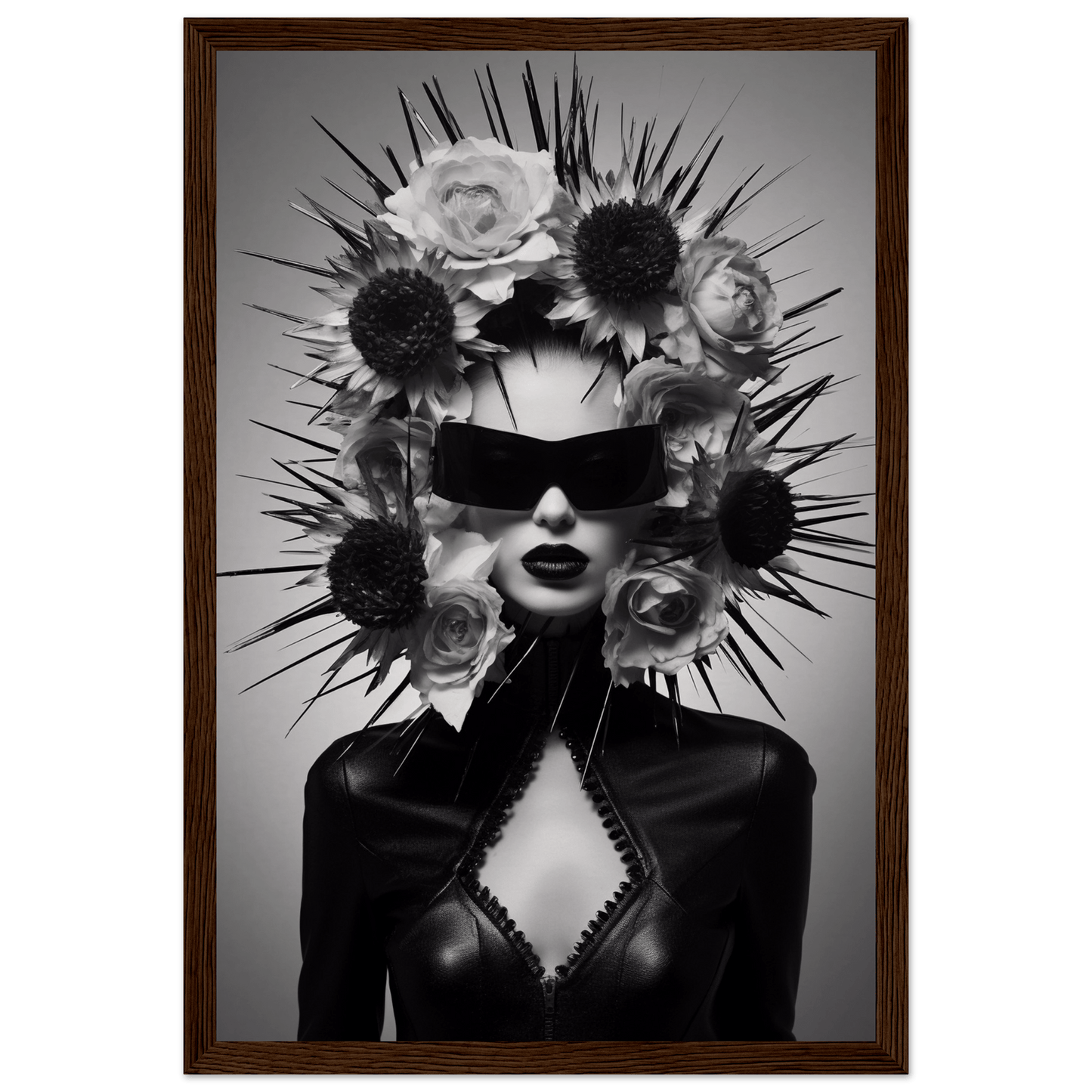 Striking black and white portrait of a figure wearing sunglasses and an elaborate floral headdress with spiky protrusions.