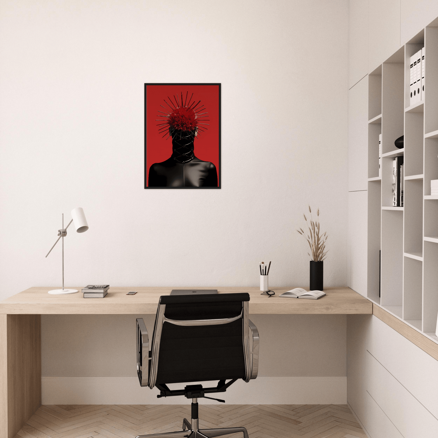 A black and red painting on a wall above a desk