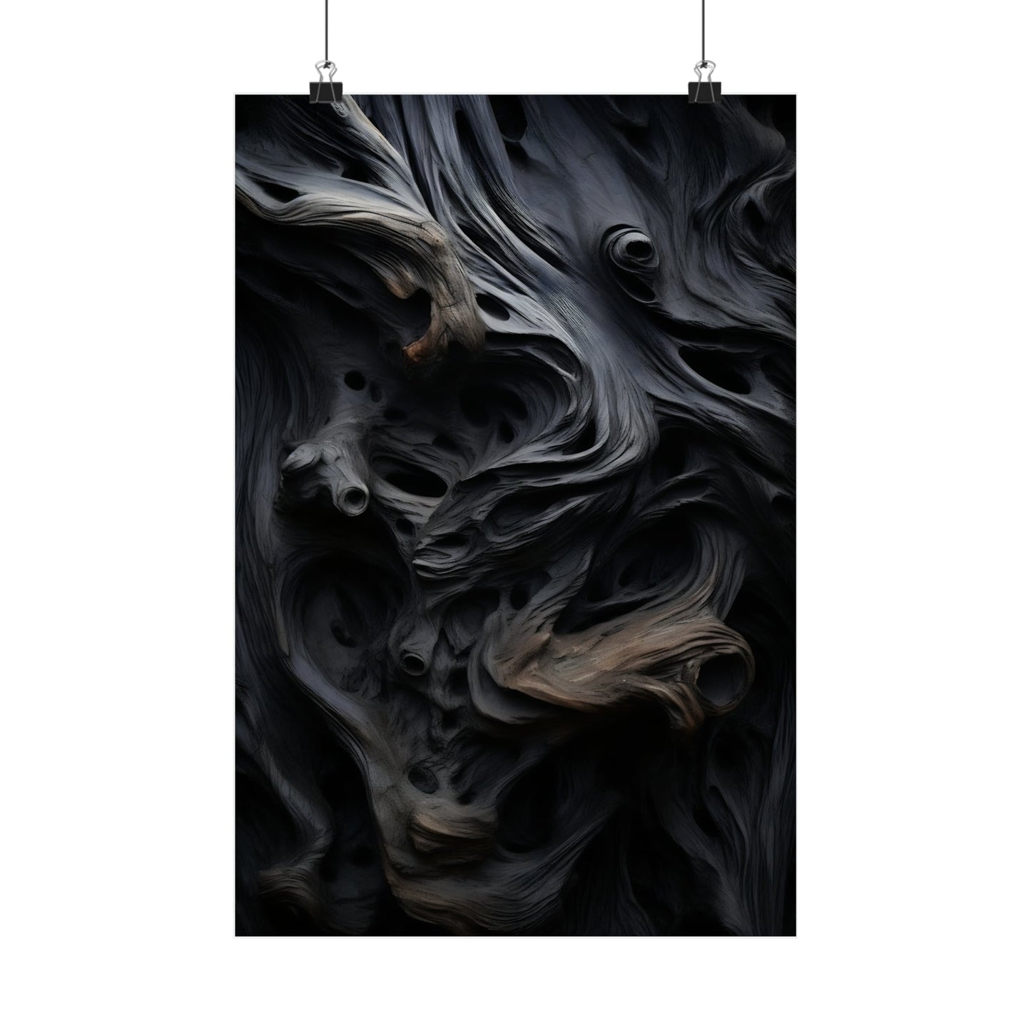 A black and white abstract painting on a white background