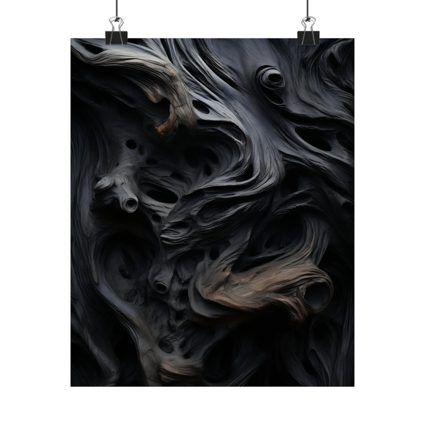 A black and white abstract painting on a white background