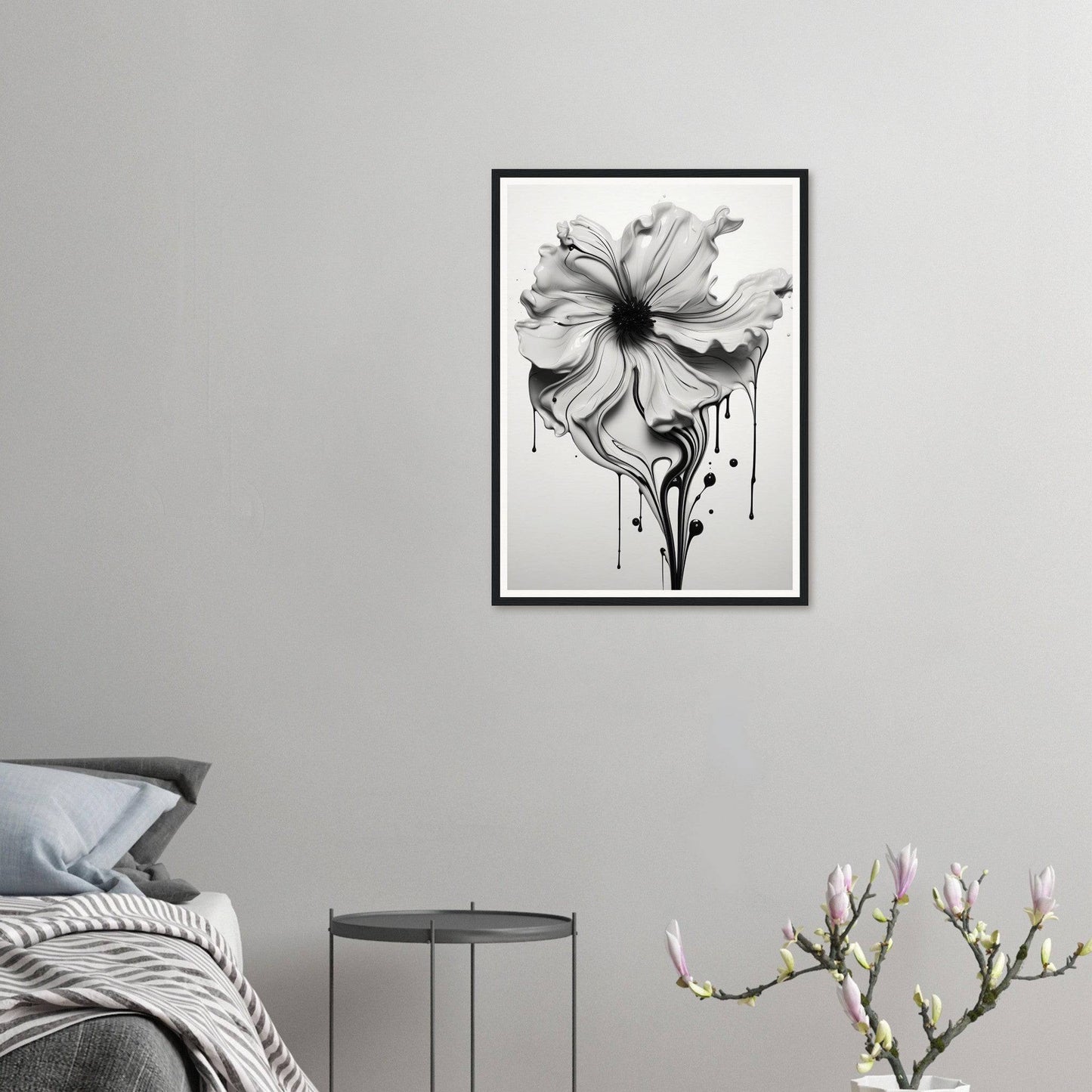 A black and white flower in a bedroom