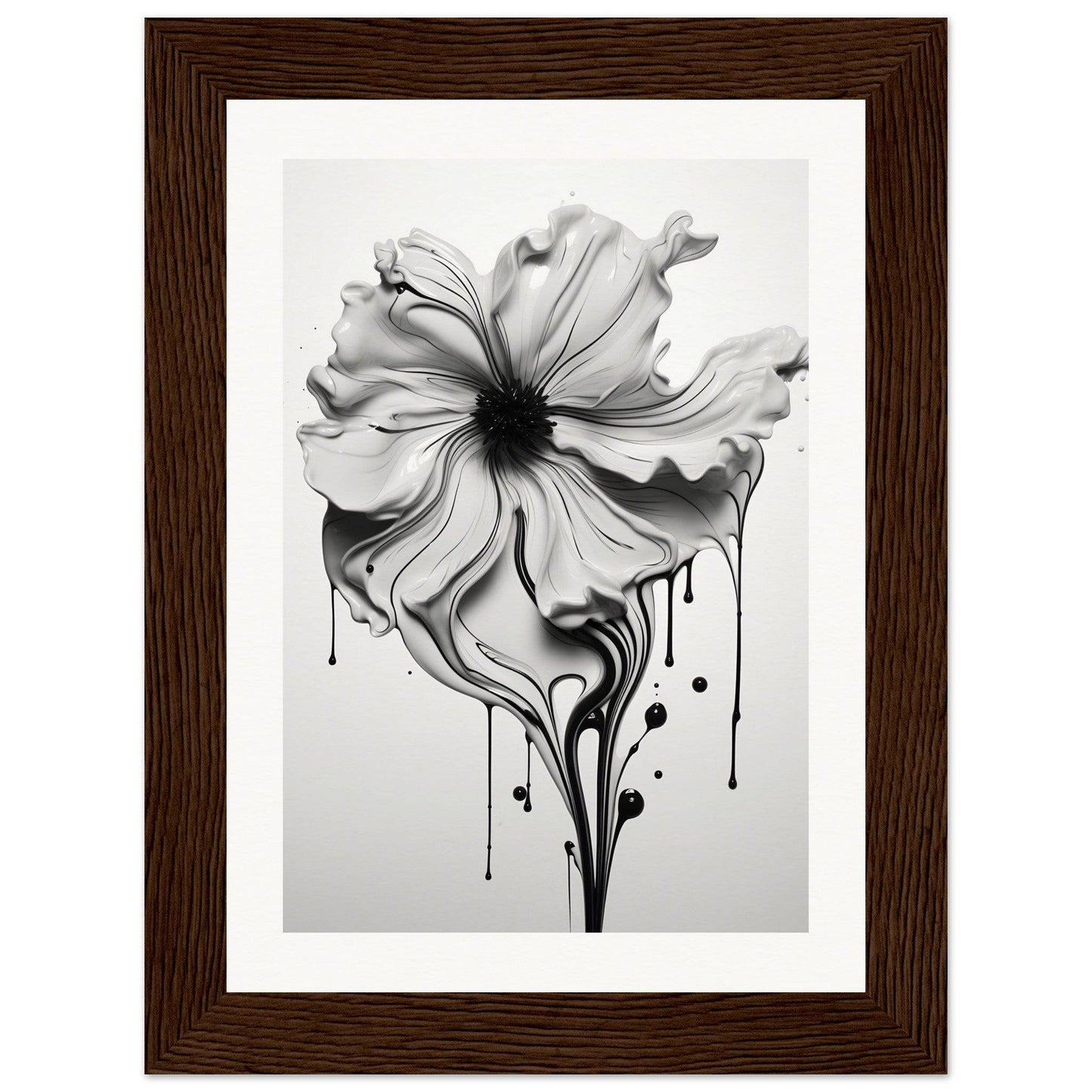 A black and white flower with dripping paint