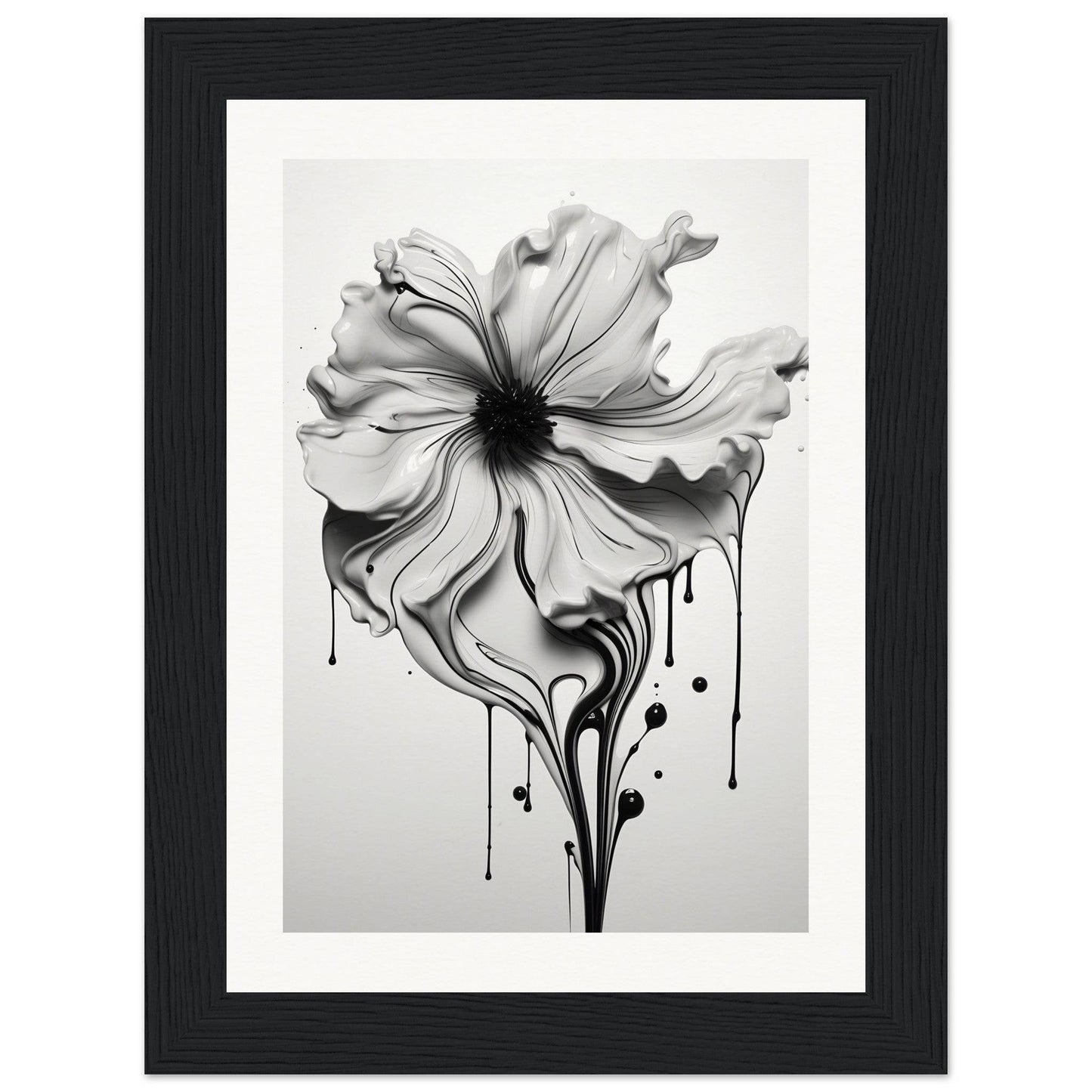 A black and white flower with dripping paint