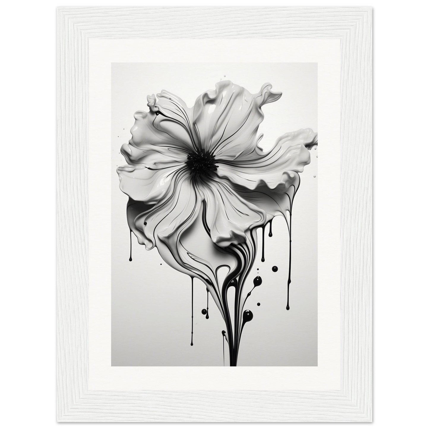 A black and white flower with dripping paint