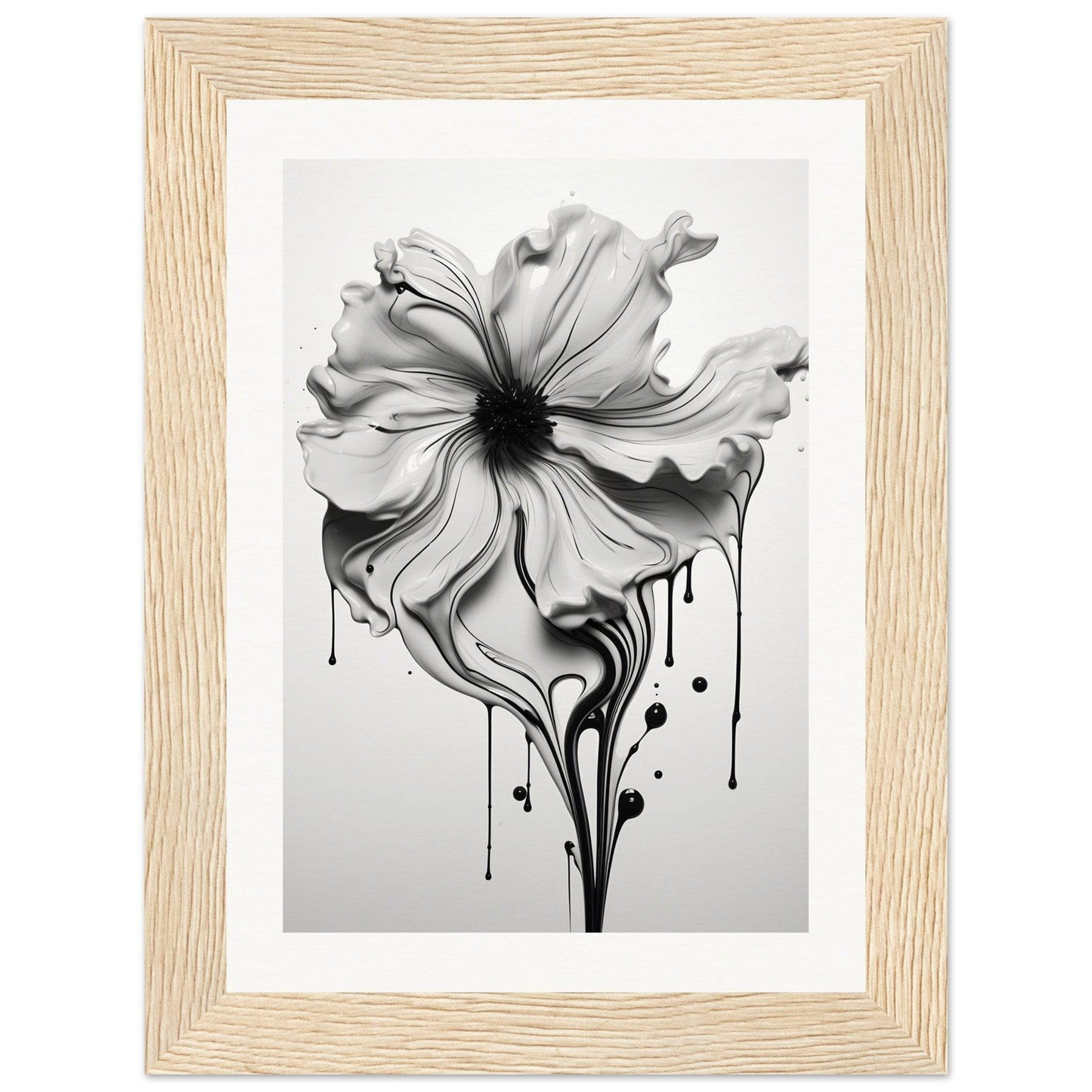 A black and white flower with dripping paint