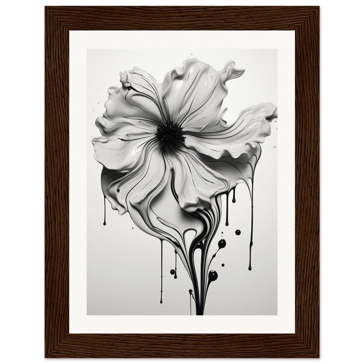 A black and white flower with dripping paint