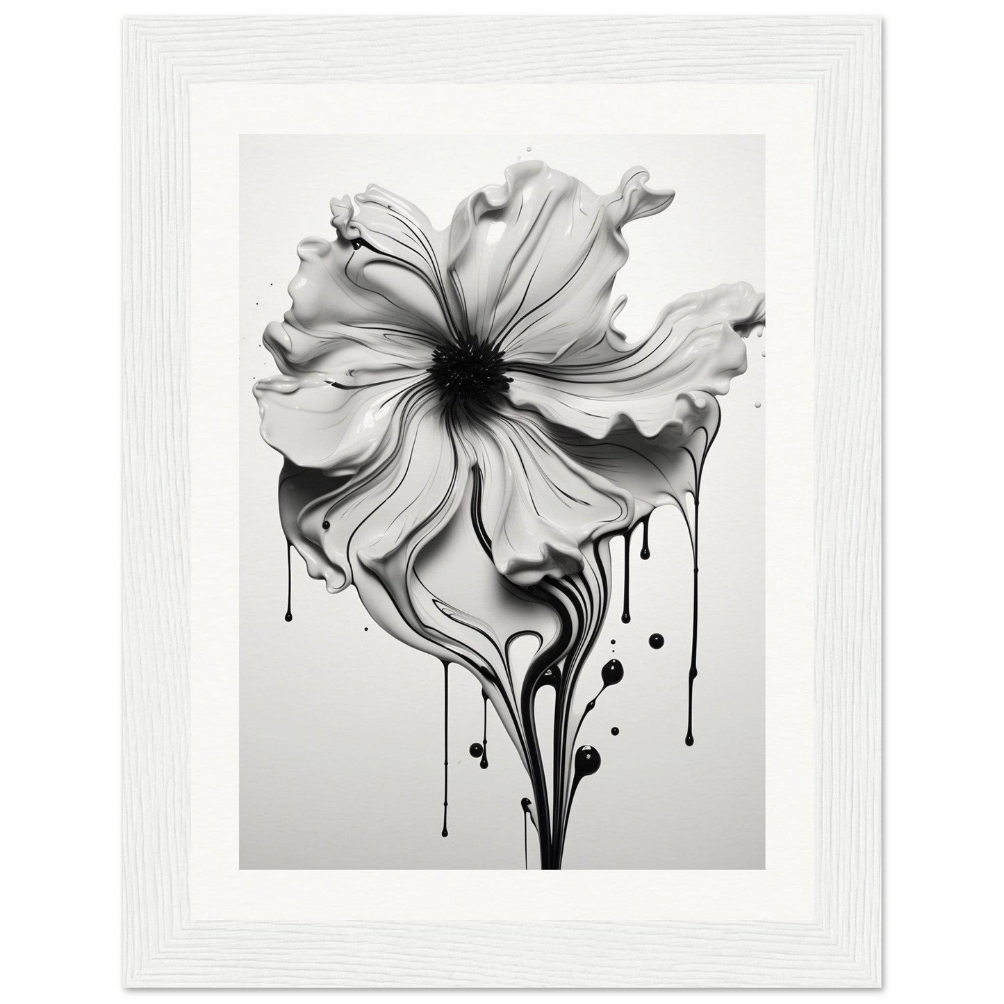 A black and white flower with dripping paint