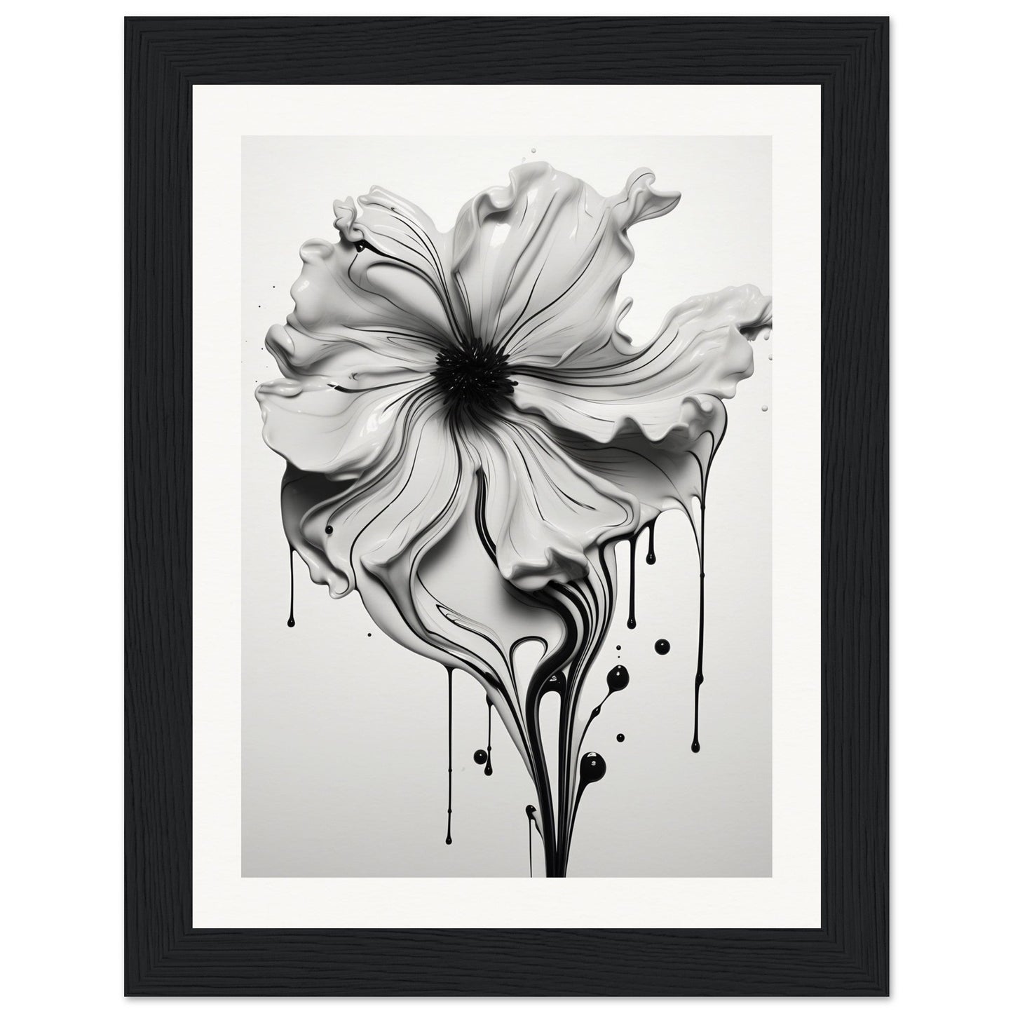 A black and white flower with dripping paint