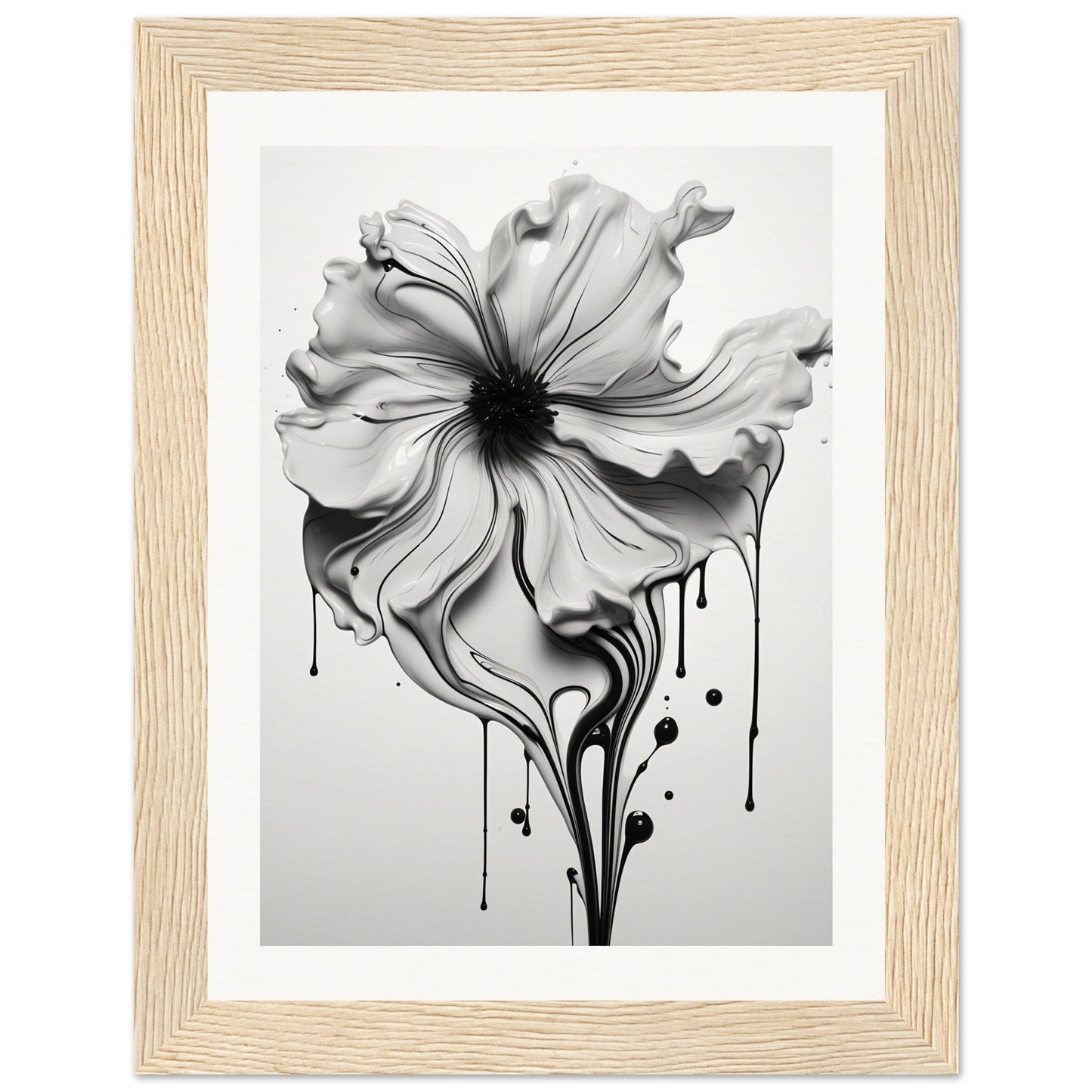 A black and white flower with dripping paint