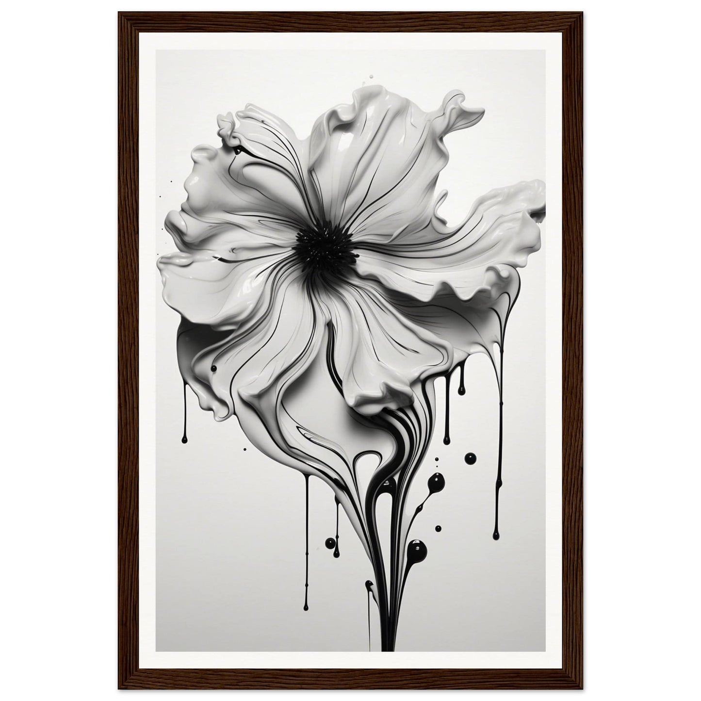 A black and white flower with dripping paint