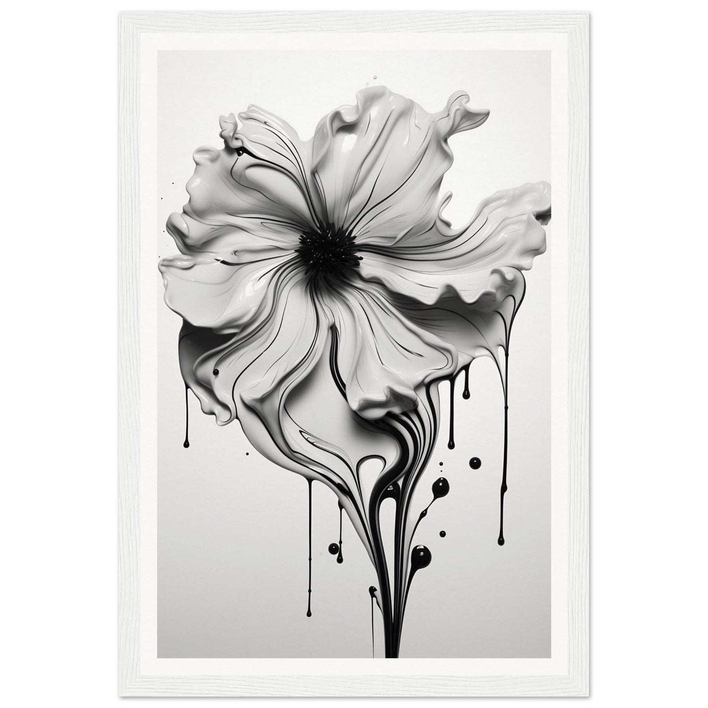 A black and white flower with dripping paint