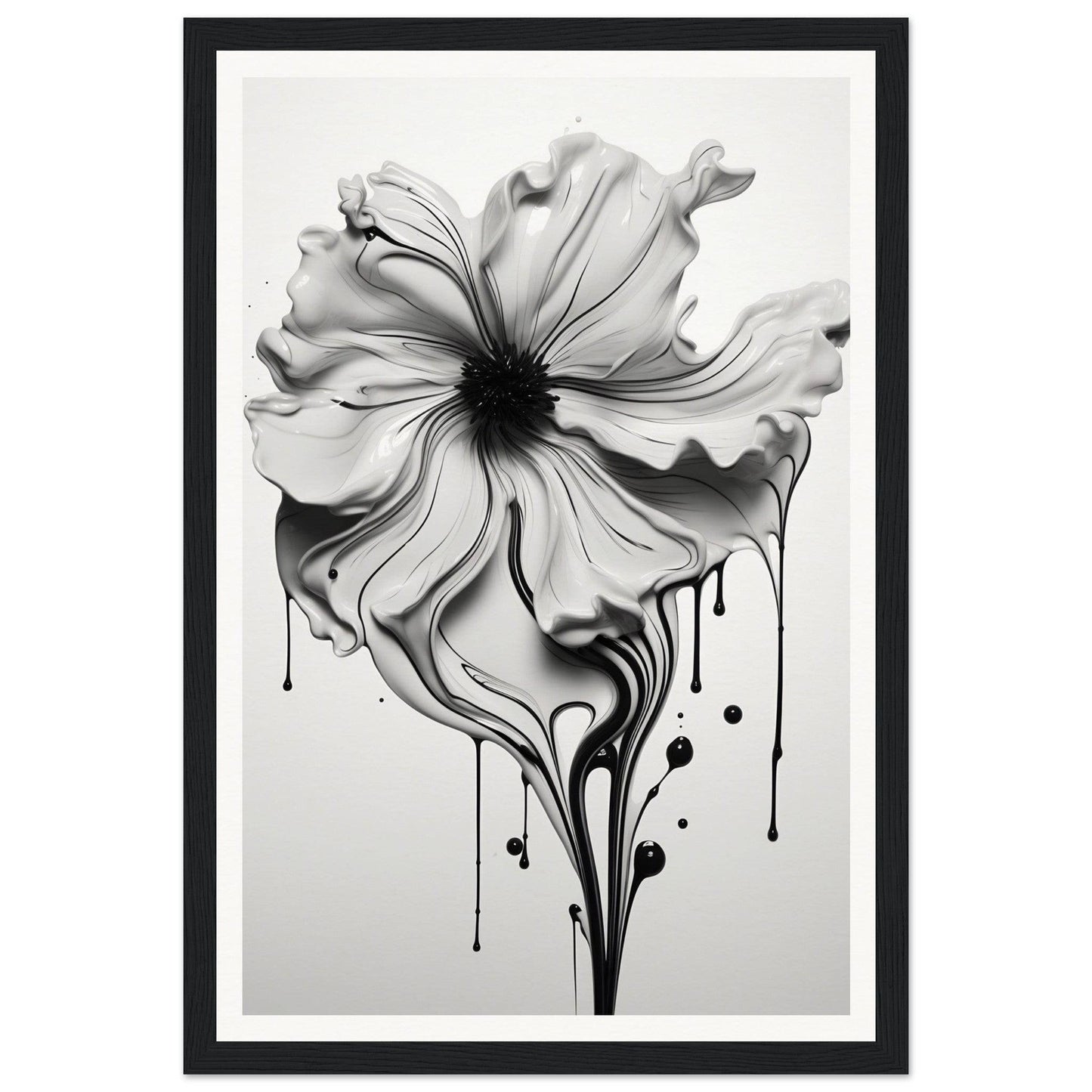 A black and white flower with dripping paint