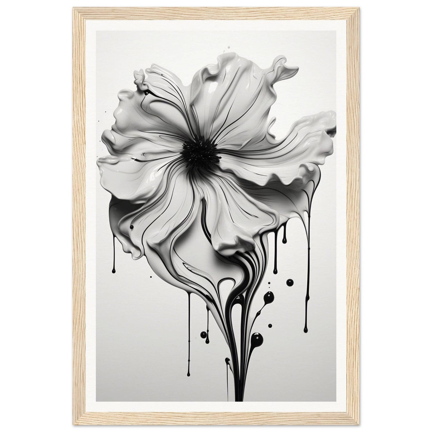 A black and white flower with dripping paint