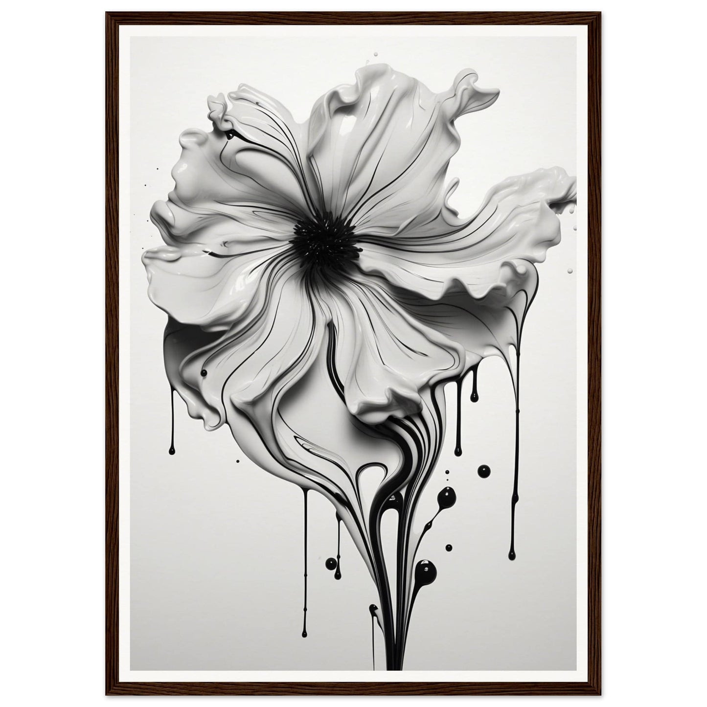 A black and white flower with dripping paint