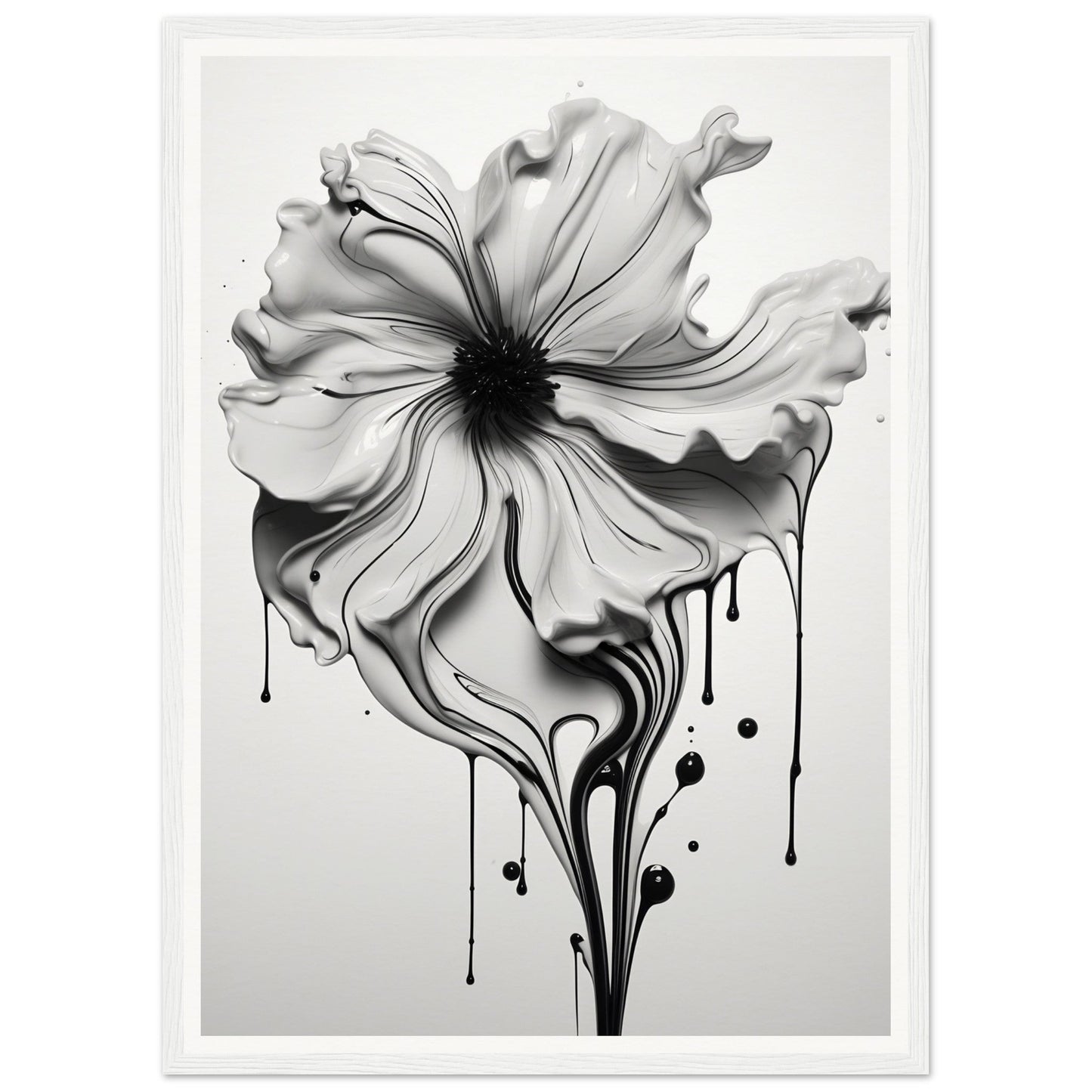 A black and white flower with dripping paint