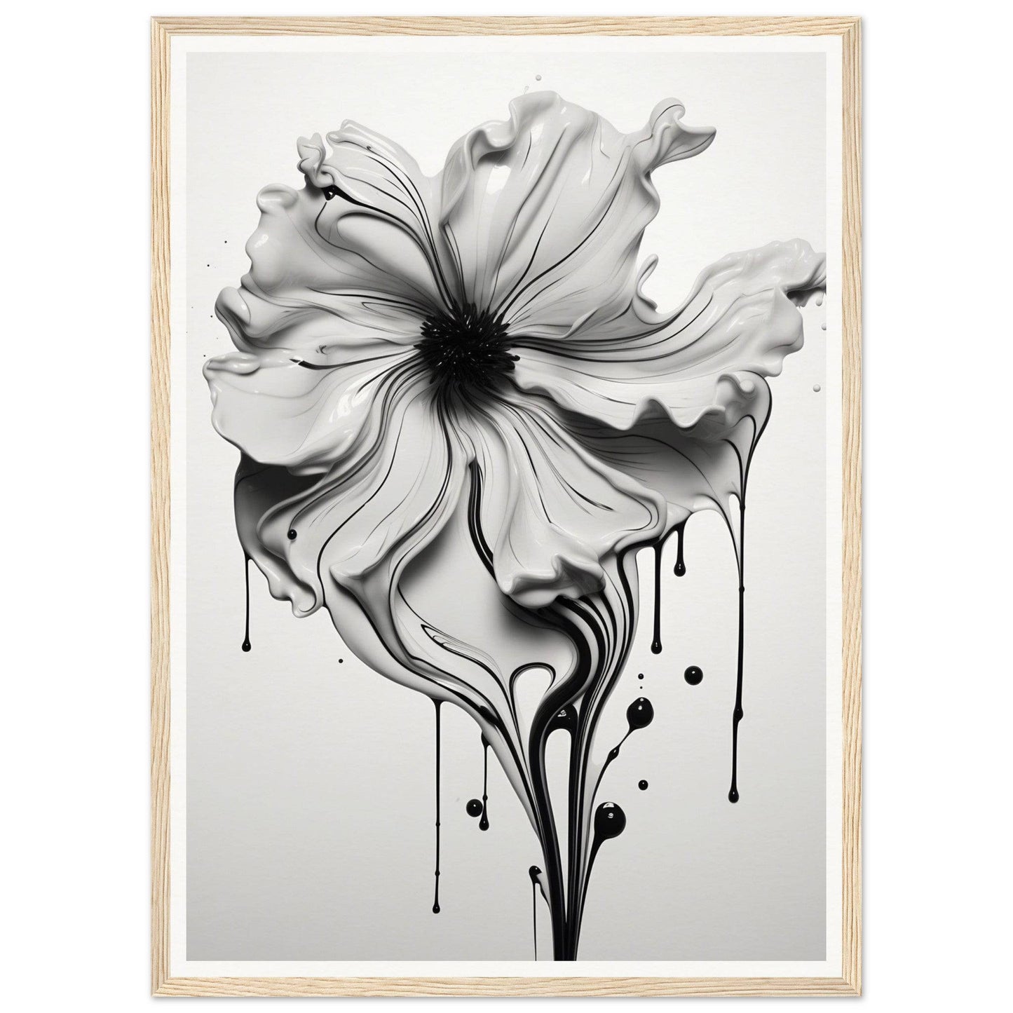 A black and white flower with dripping paint