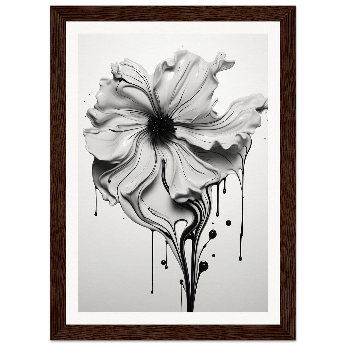 A black and white flower with dripping paint