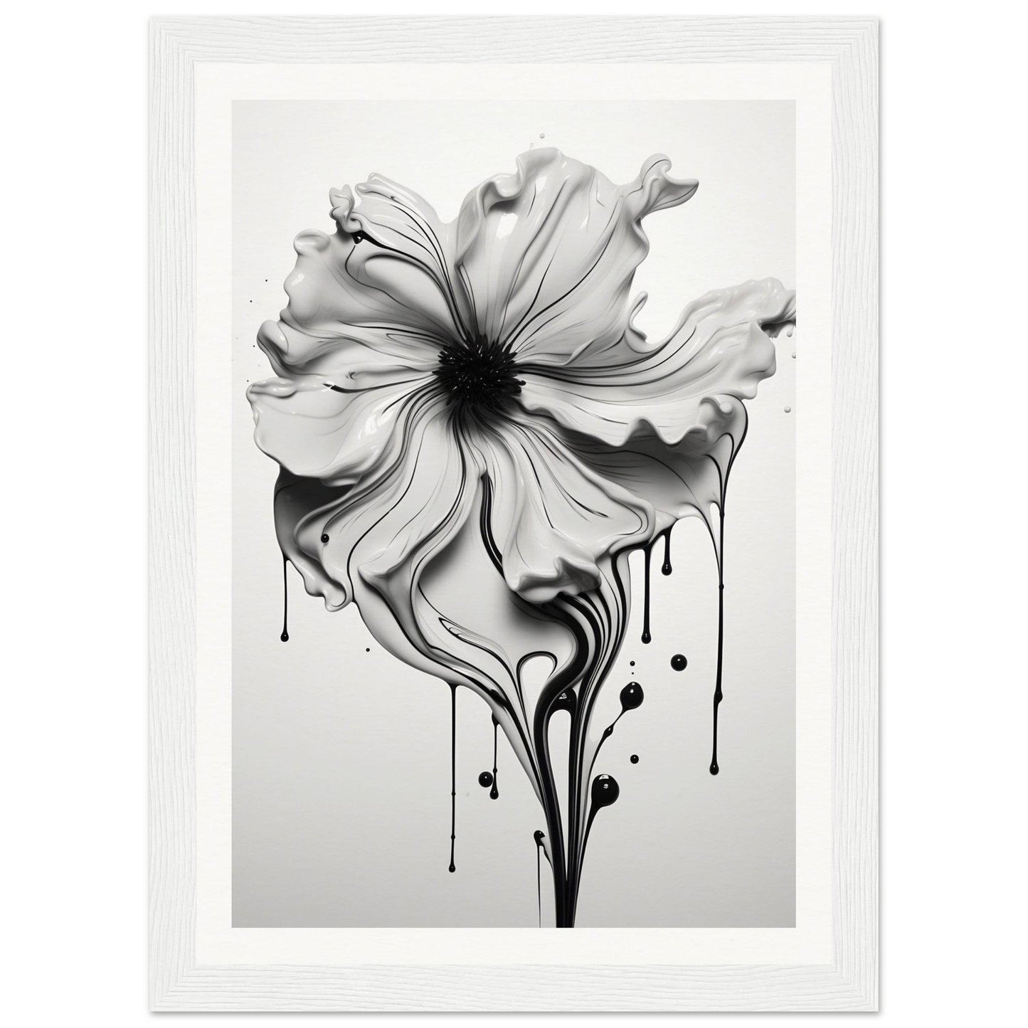 A black and white flower with dripping paint