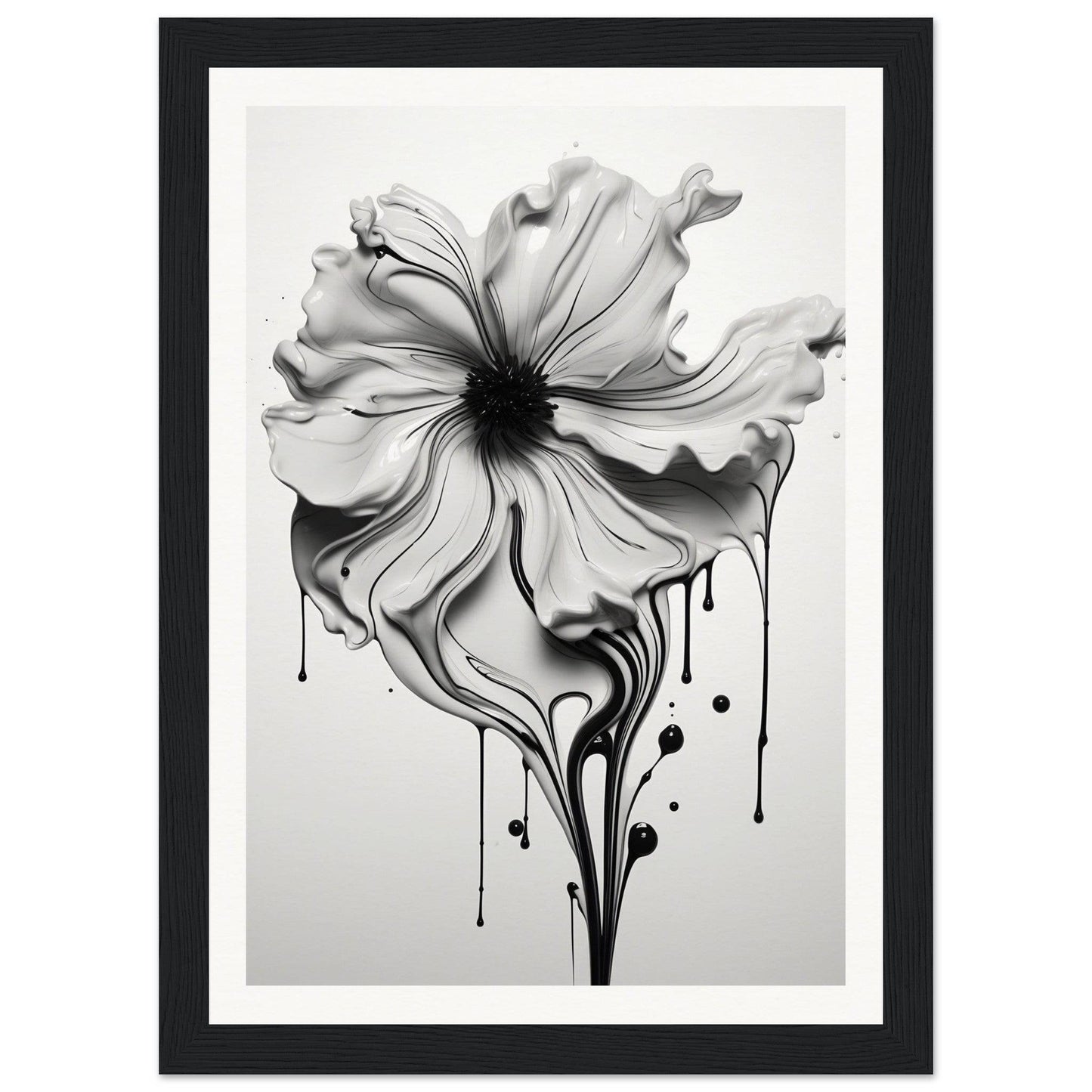 A black and white flower with dripping paint
