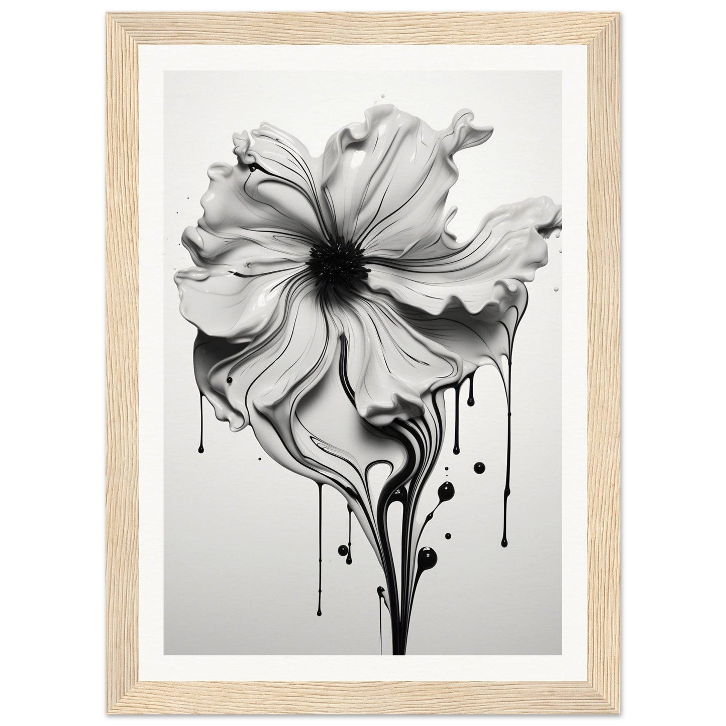 A black and white flower with dripping paint