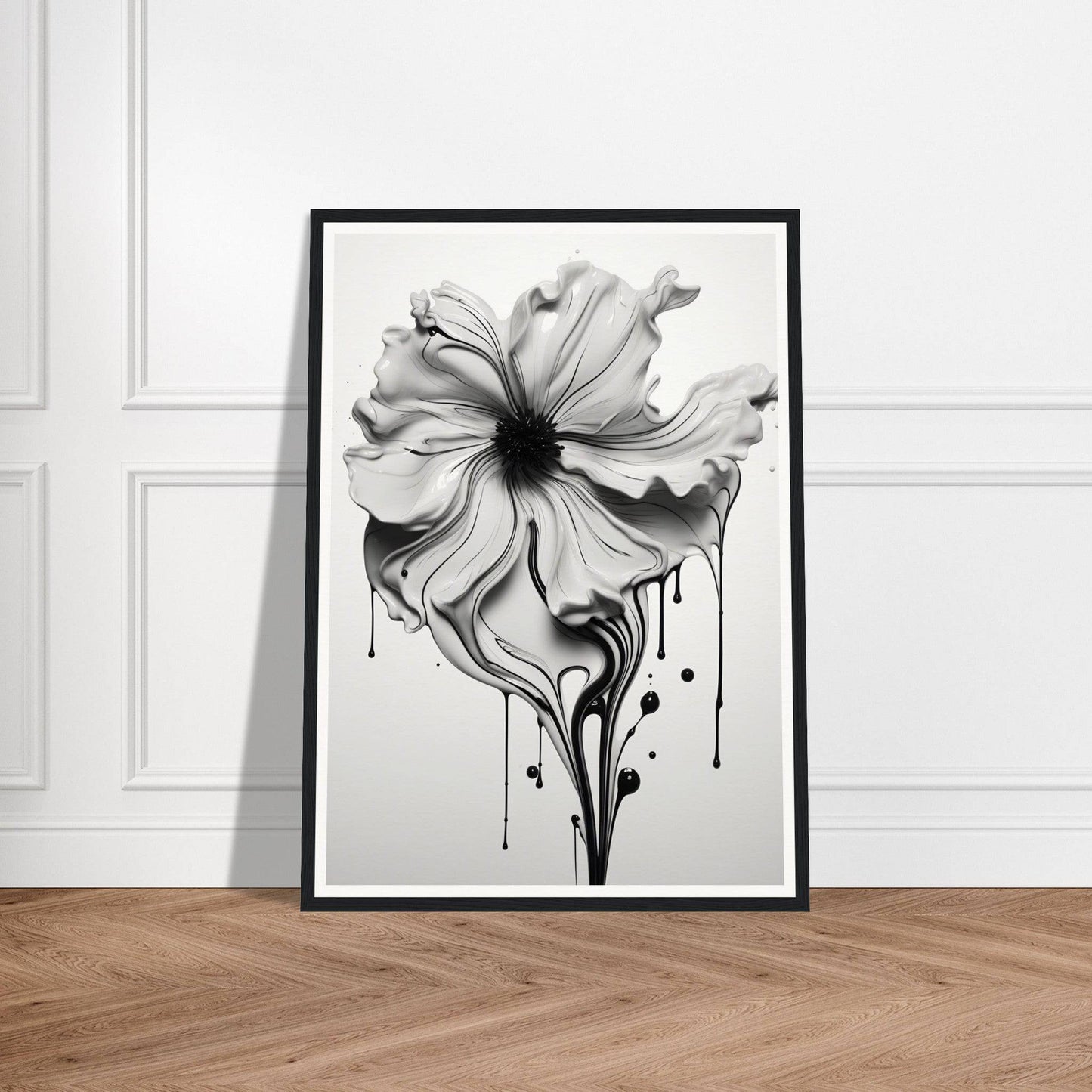 A black and white flower with dripping paint on it
