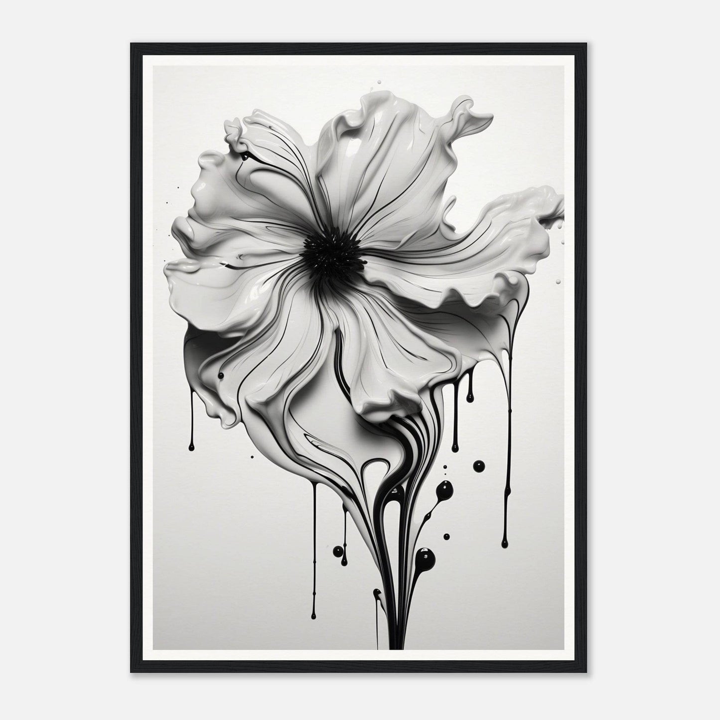 A black and white flower with dripping paint