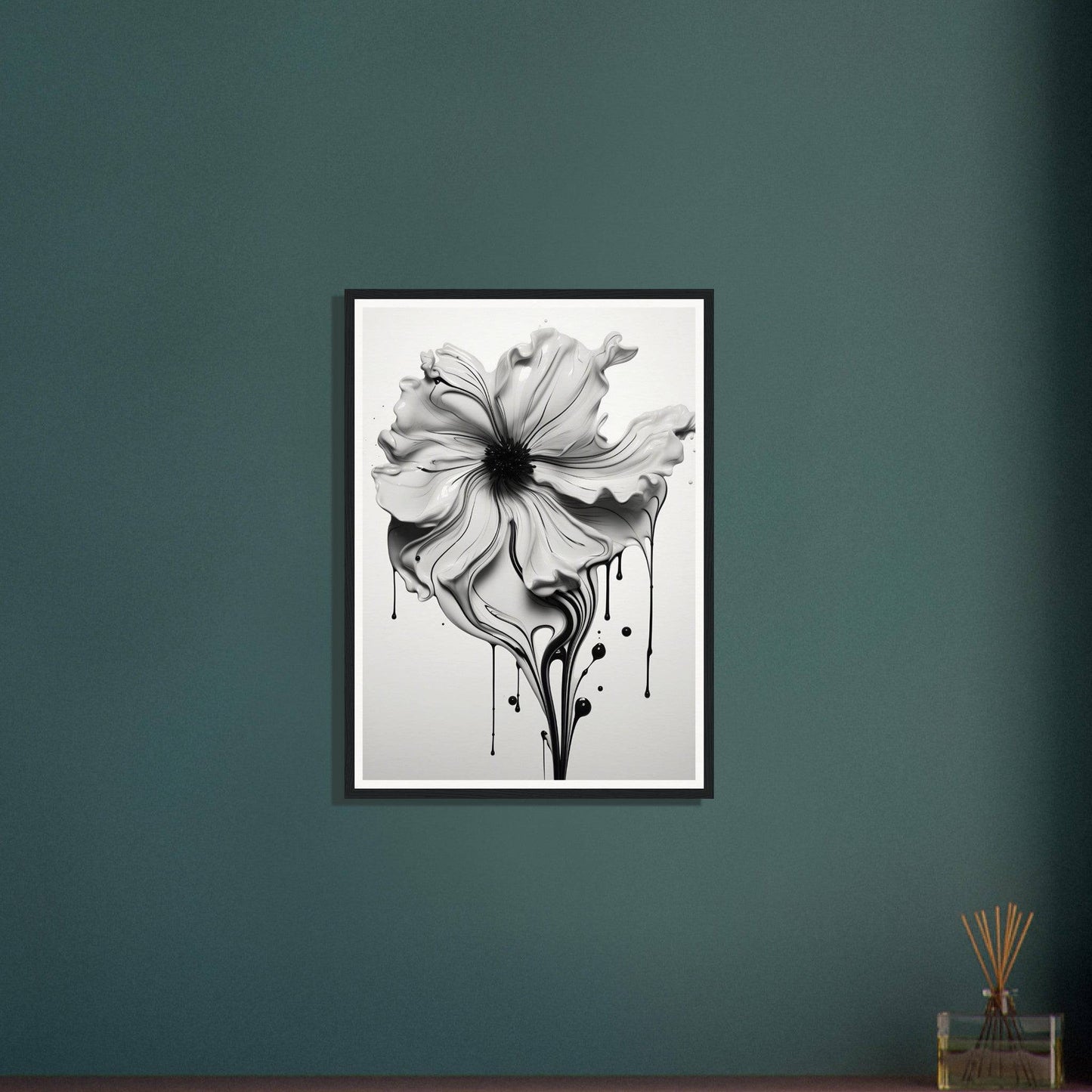 A black and white flower on a wall