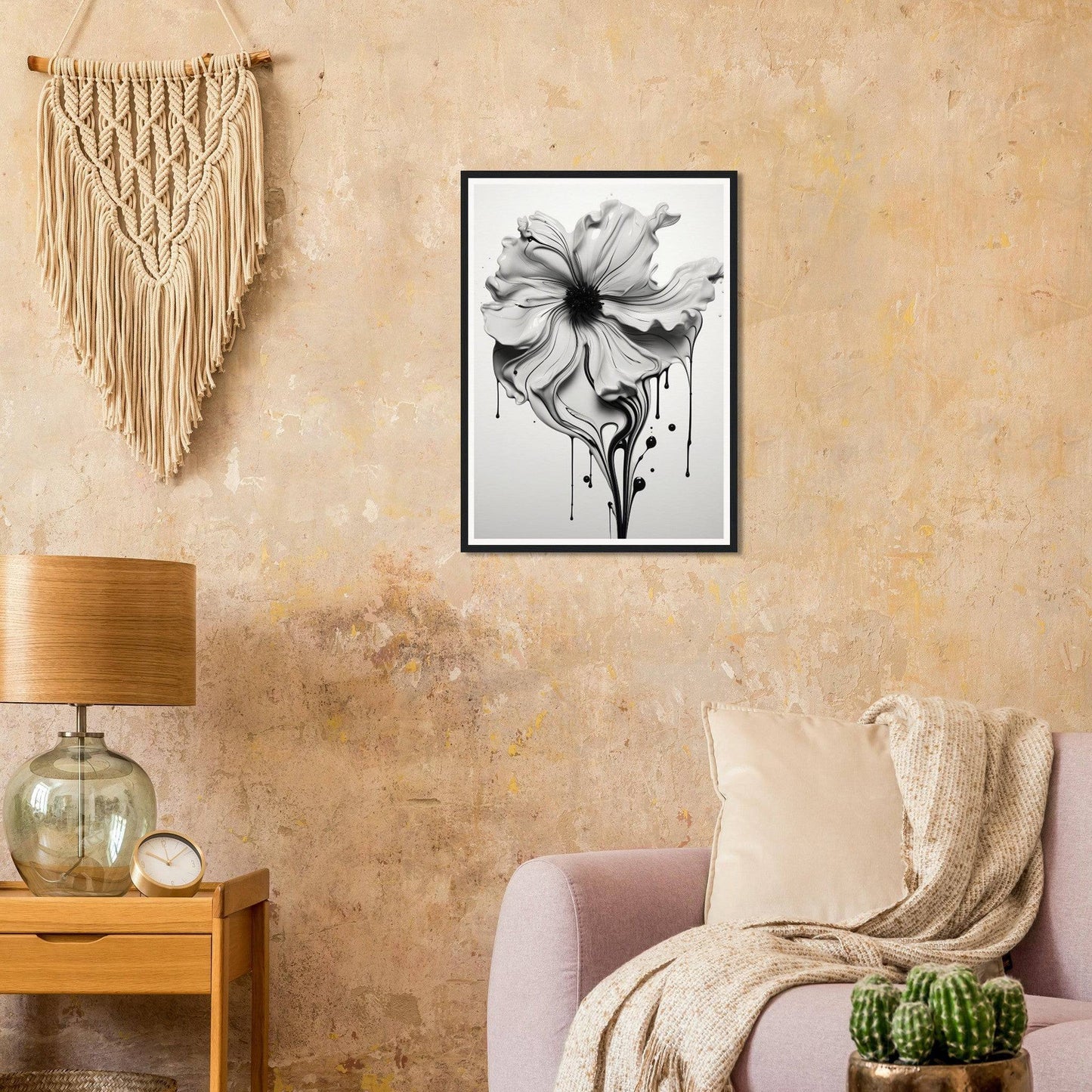 A black and white flower on a wall