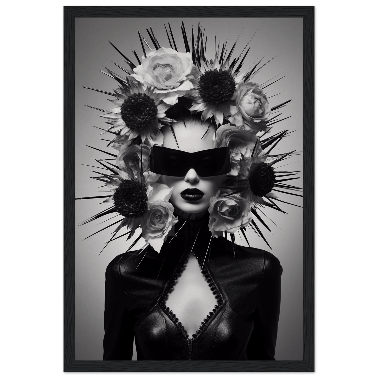 Striking black and white portrait of a figure wearing sunglasses and an elaborate floral headdress with spikes.