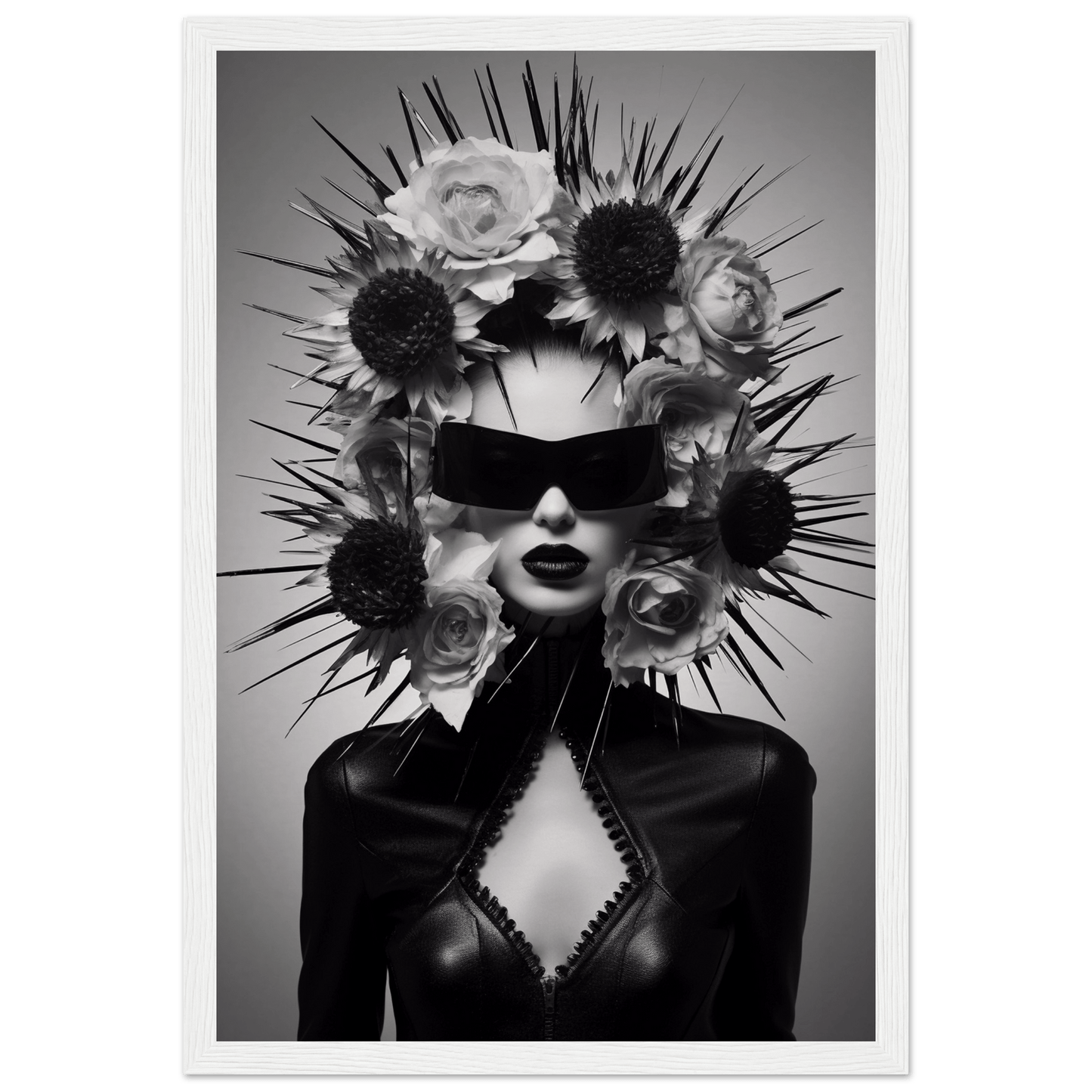 Striking black and white portrait of a figure wearing an elaborate spiked headdress adorned with roses and sunflowers, dark sunglasses, and a revealing black top.